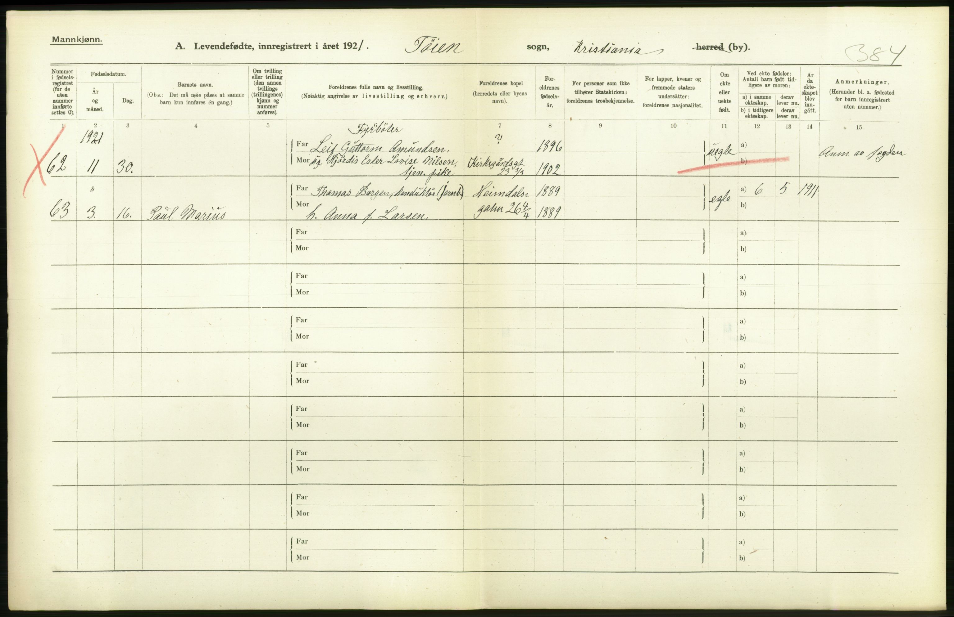 Statistisk sentralbyrå, Sosiodemografiske emner, Befolkning, RA/S-2228/D/Df/Dfc/Dfca/L0009: Kristiania: Levendefødte menn og kvinner., 1921, p. 292