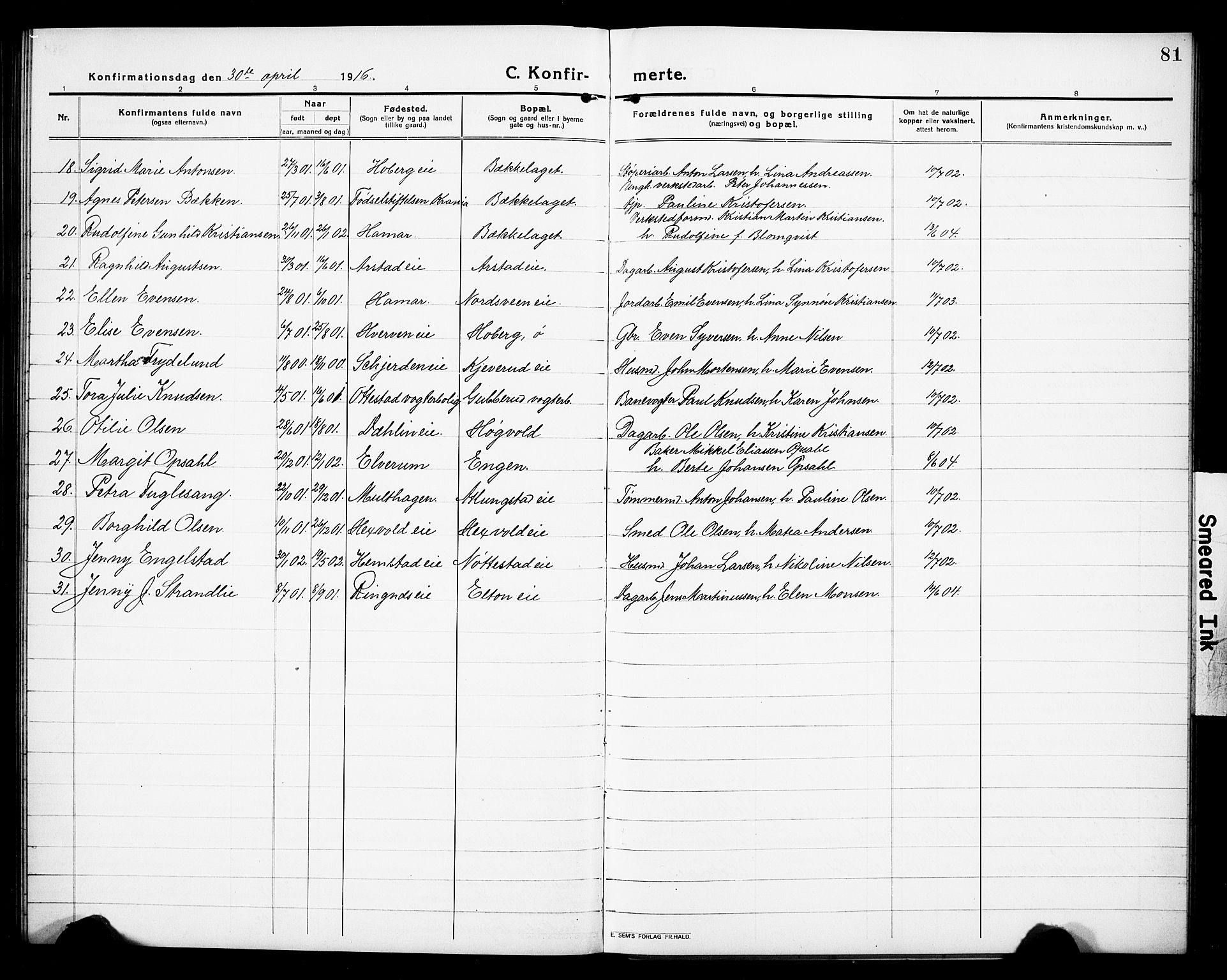 Stange prestekontor, AV/SAH-PREST-002/L/L0015: Parish register (copy) no. 15, 1916-1928, p. 81