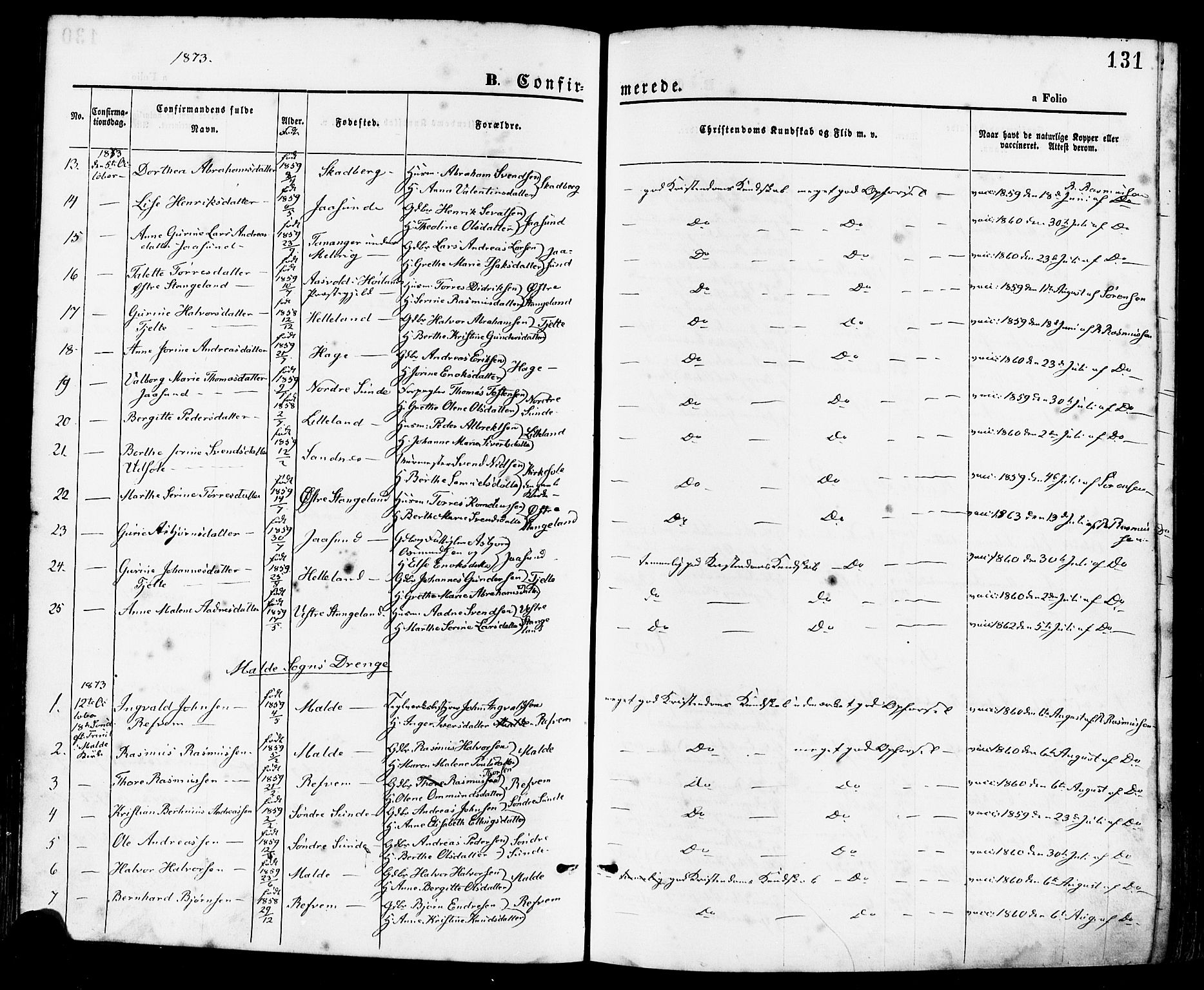 Håland sokneprestkontor, AV/SAST-A-101802/001/30BA/L0009: Parish register (official) no. A 8, 1871-1882, p. 131