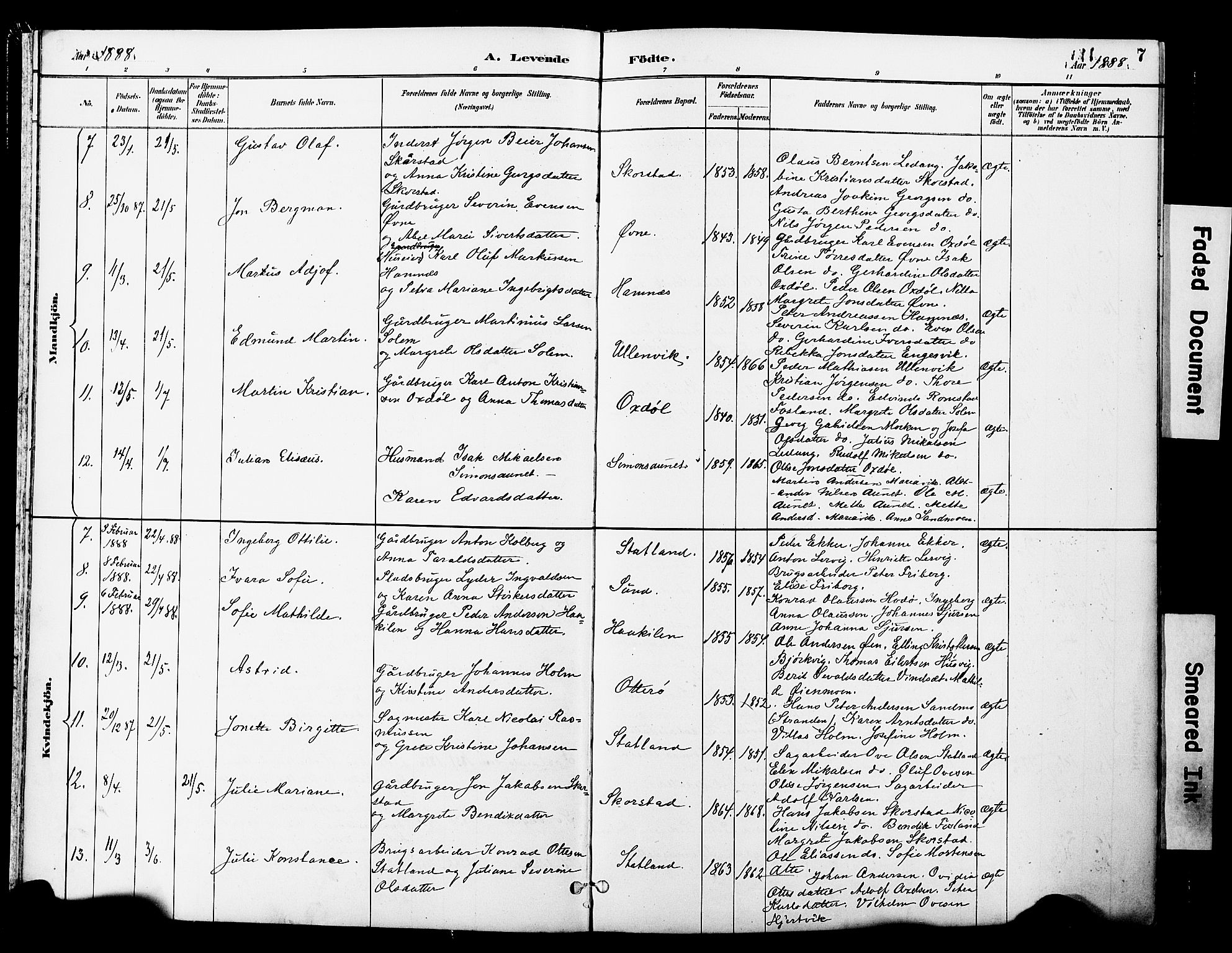 Ministerialprotokoller, klokkerbøker og fødselsregistre - Nord-Trøndelag, SAT/A-1458/774/L0628: Parish register (official) no. 774A02, 1887-1903, p. 7