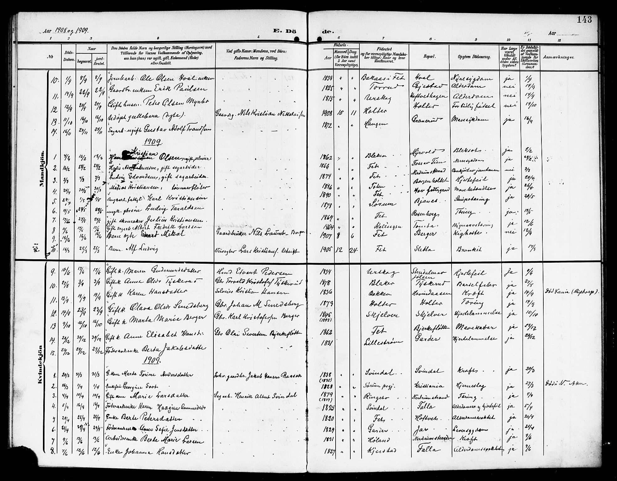 Fet prestekontor Kirkebøker, SAO/A-10370a/G/Ga/L0008: Parish register (copy) no. I 8, 1907-1920, p. 143