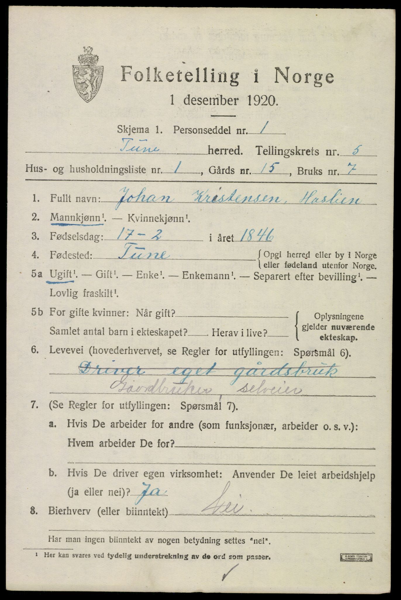 SAO, 1920 census for Tune, 1920, p. 5442