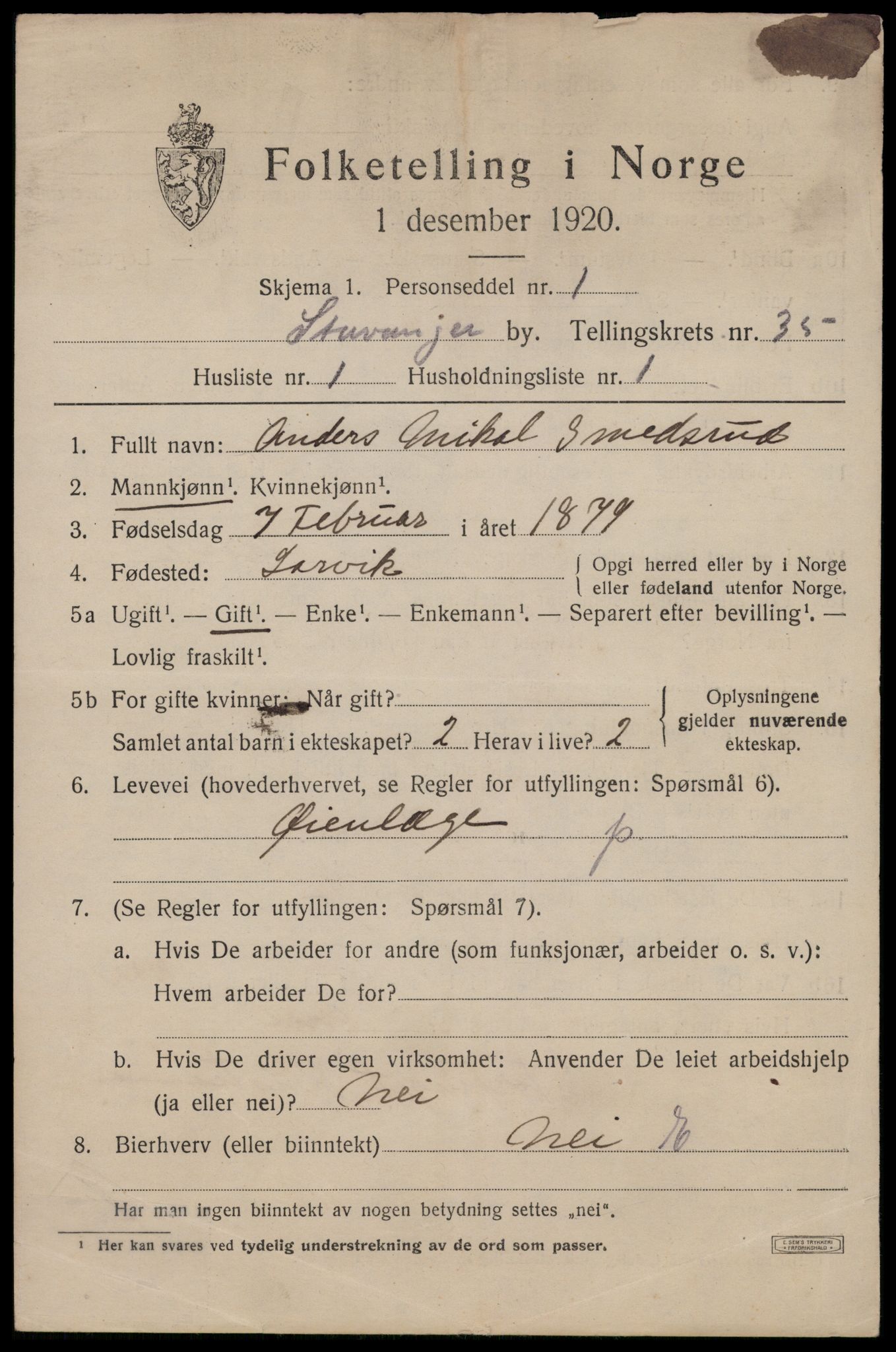 SAST, 1920 census for Stavanger, 1920, p. 93964