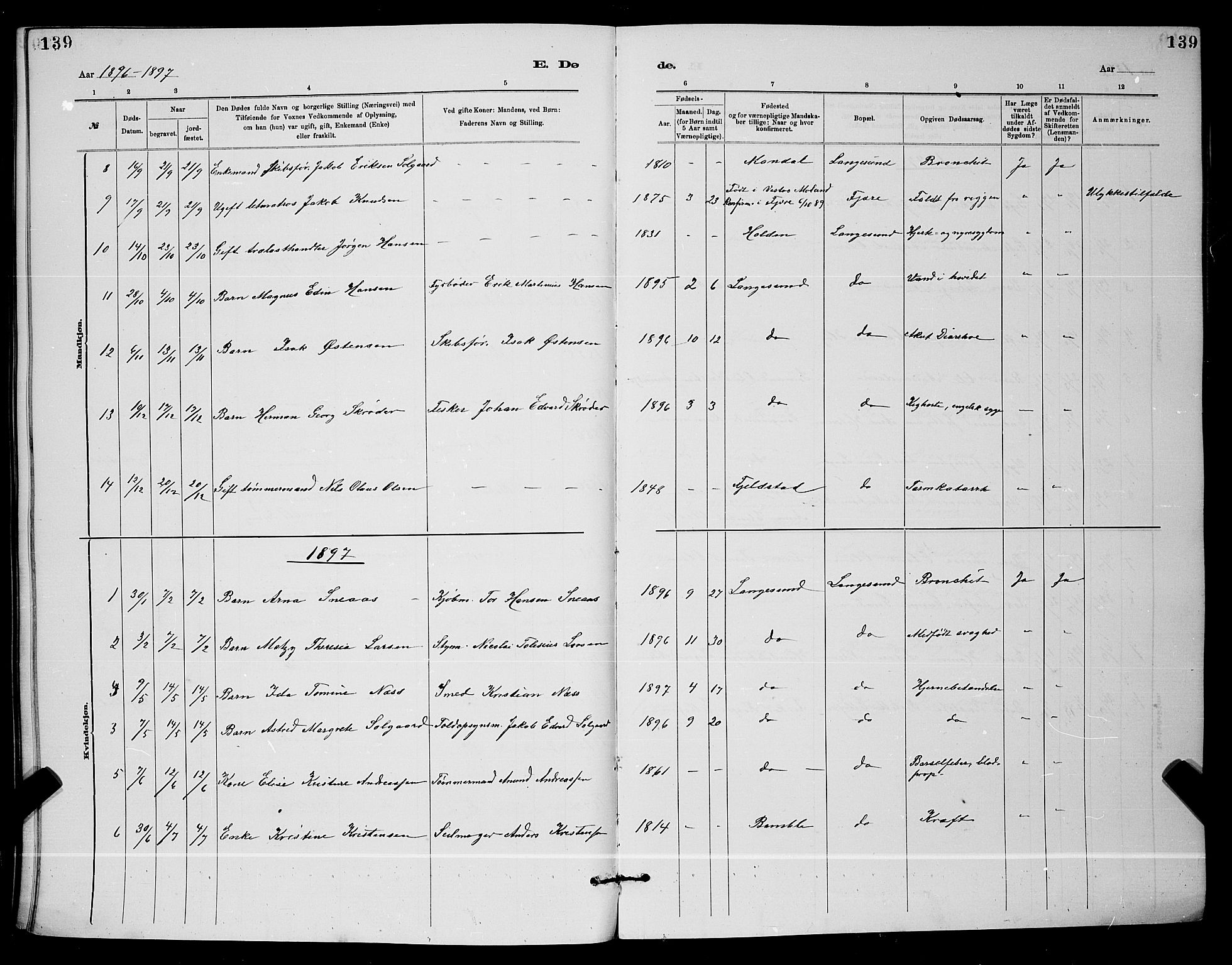 Langesund kirkebøker, SAKO/A-280/G/Ga/L0005: Parish register (copy) no. 5, 1884-1898, p. 139