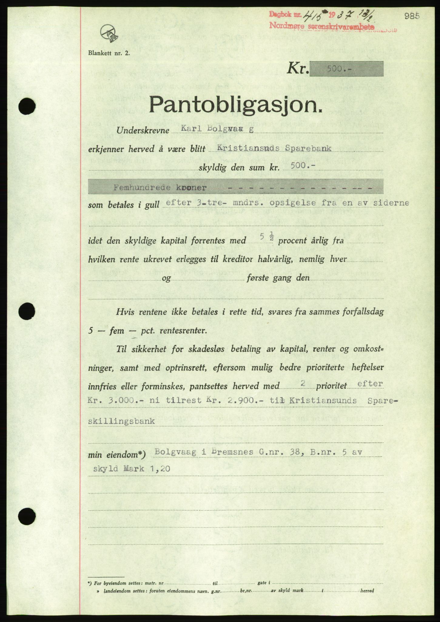 Nordmøre sorenskriveri, AV/SAT-A-4132/1/2/2Ca/L0090: Mortgage book no. B80, 1936-1937, Diary no: : 415/1937