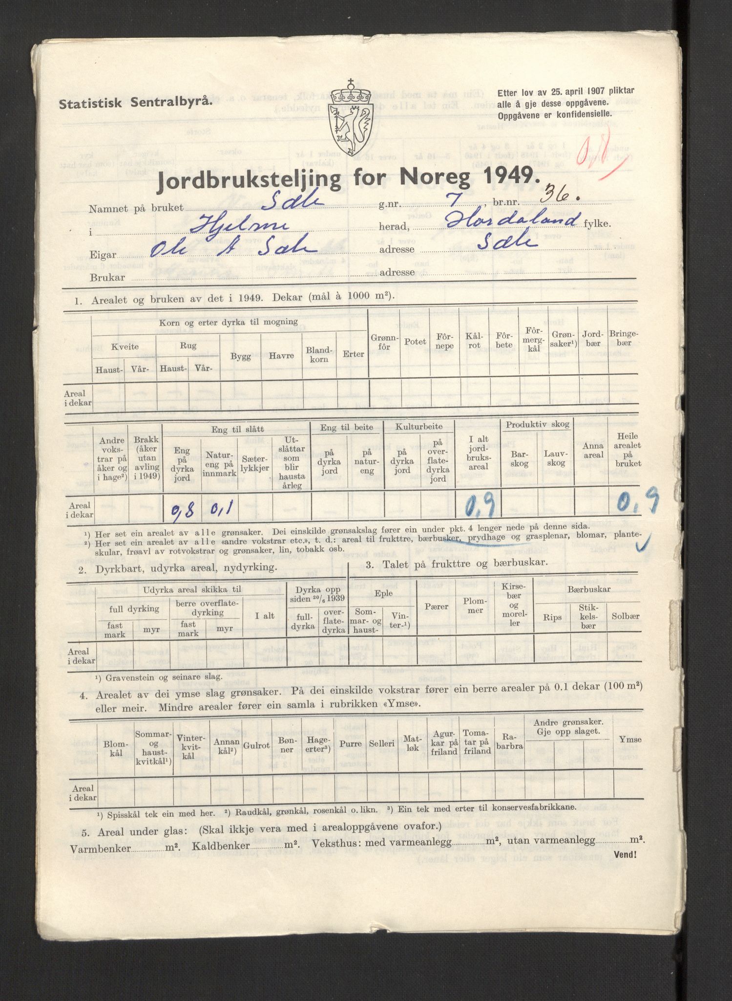 Statistisk sentralbyrå, Næringsøkonomiske emner, Jordbruk, skogbruk, jakt, fiske og fangst, AV/RA-S-2234/G/Gc/L0276: Hordaland: Herdla og Hjelme, 1949, p. 1112