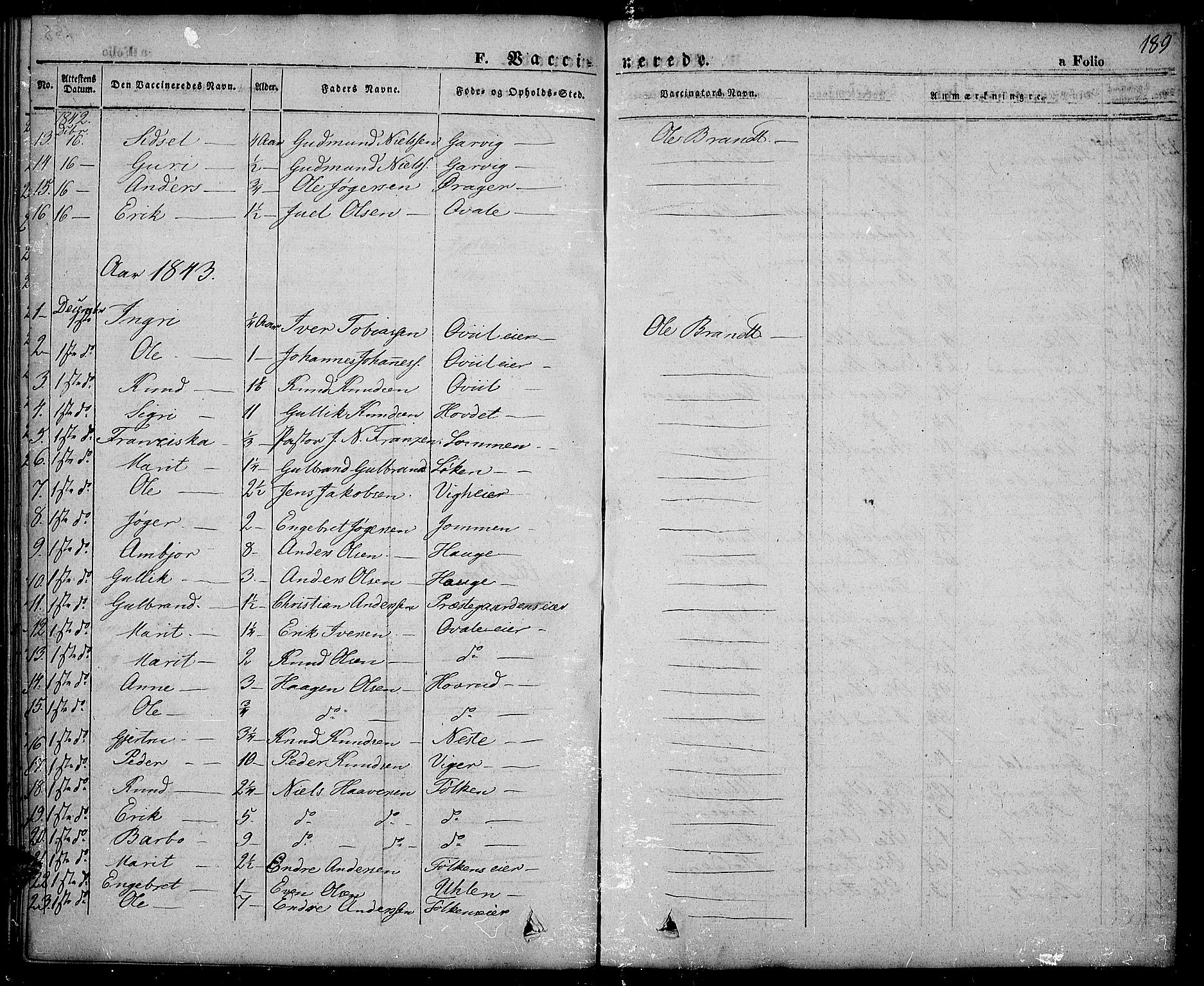 Slidre prestekontor, SAH/PREST-134/H/Ha/Haa/L0003: Parish register (official) no. 3, 1831-1843, p. 189
