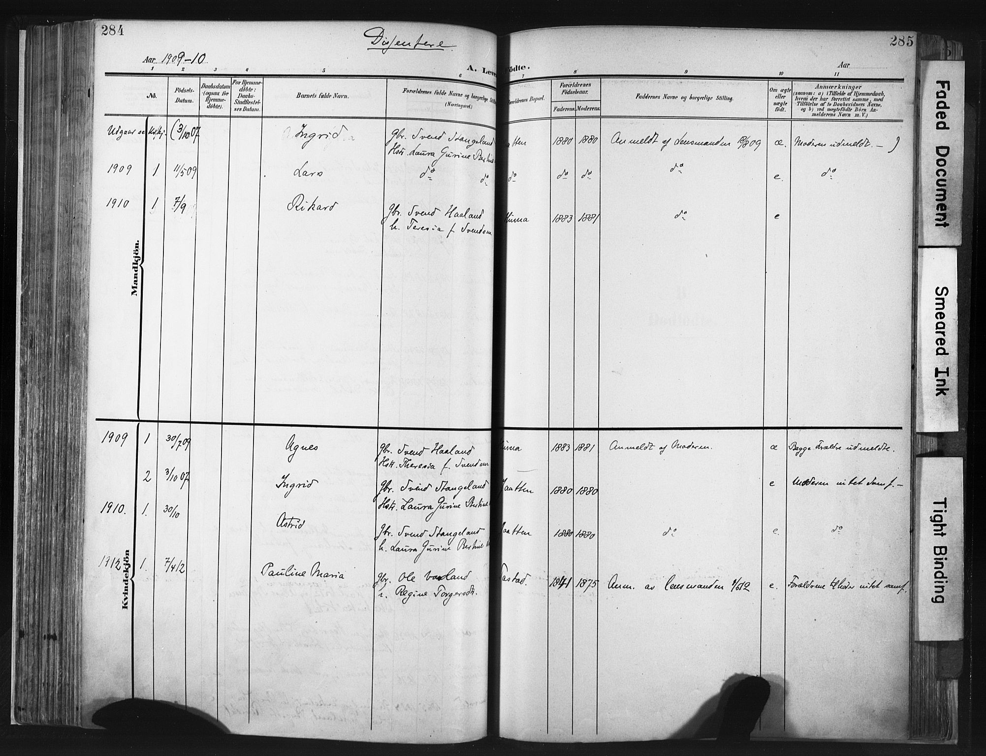 Hetland sokneprestkontor, SAST/A-101826/30/30BA/L0013: Parish register (official) no. A 13, 1904-1918, p. 284-285