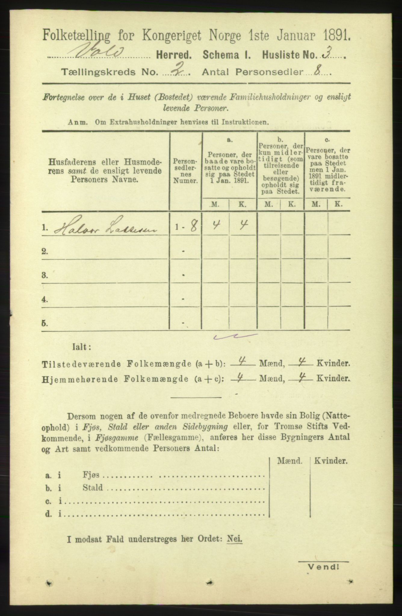 RA, 1891 census for 1537 Voll, 1891, p. 654