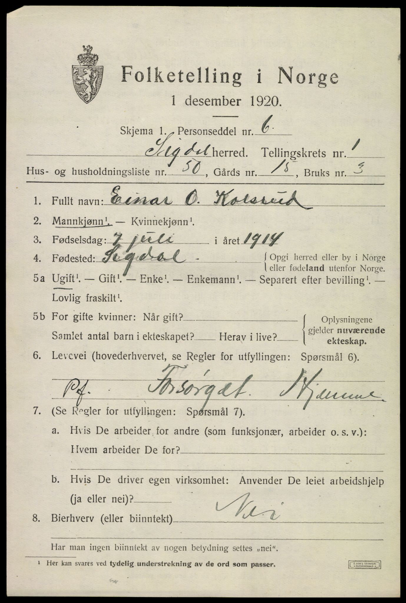 SAKO, 1920 census for Sigdal, 1920, p. 2018