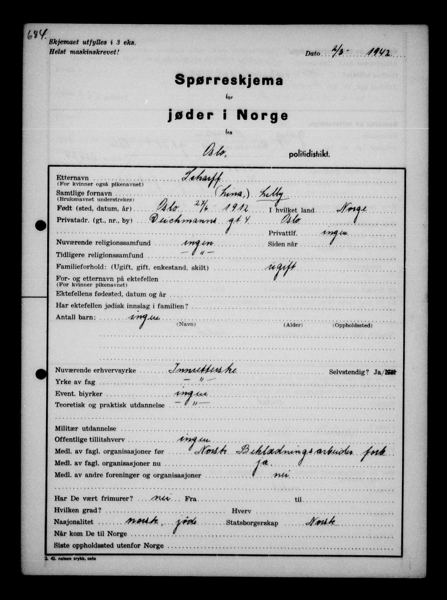 Statspolitiet - Hovedkontoret / Osloavdelingen, AV/RA-S-1329/G/Ga/L0011: Spørreskjema for jøder i Norge. 1: Oslo 610-806 (Plavnik-Zwillinger). 2: Aker 1-113 (Adler-Lewin). , 1942, p. 221