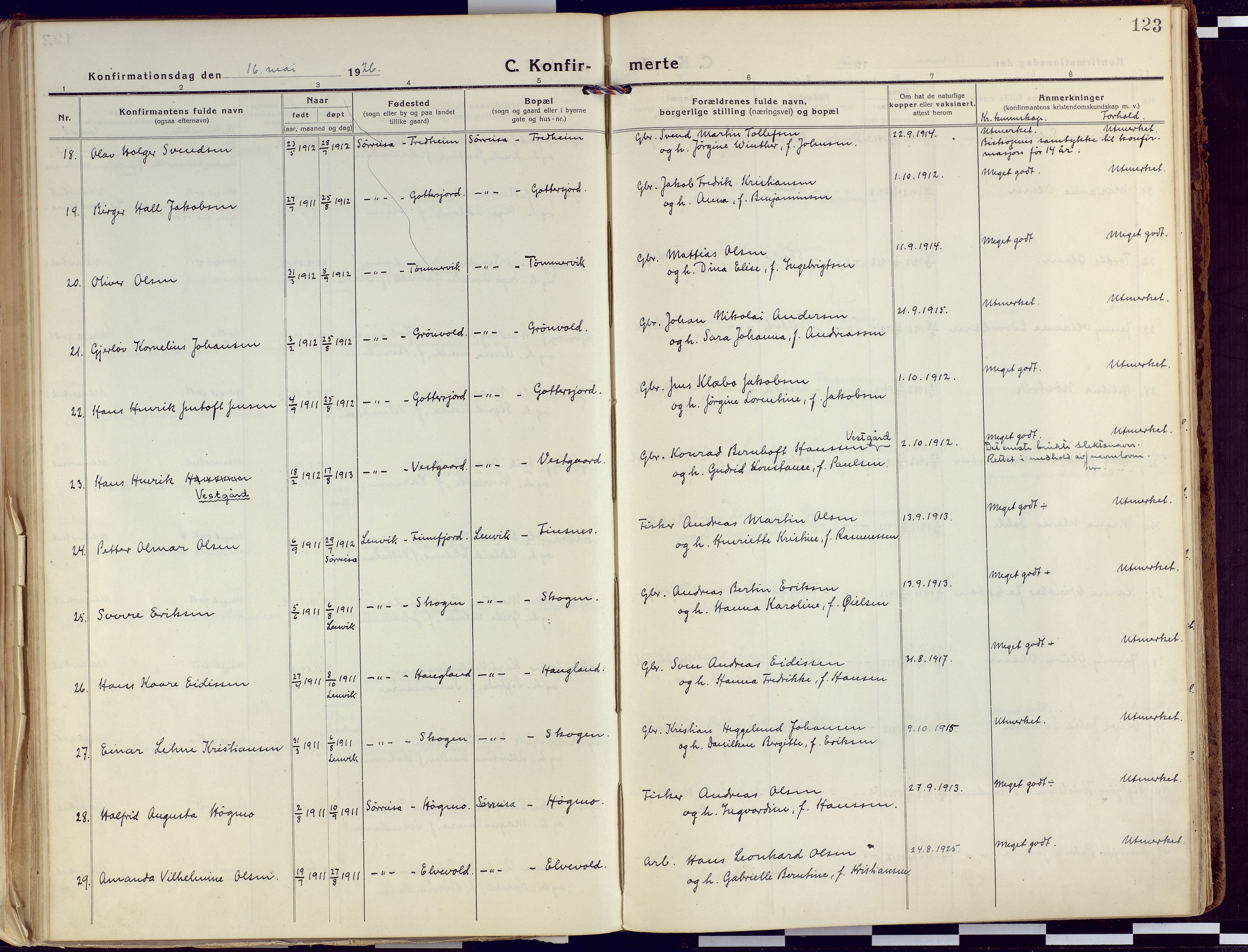 Tranøy sokneprestkontor, SATØ/S-1313/I/Ia/Iaa/L0015kirke: Parish register (official) no. 15, 1919-1928, p. 123