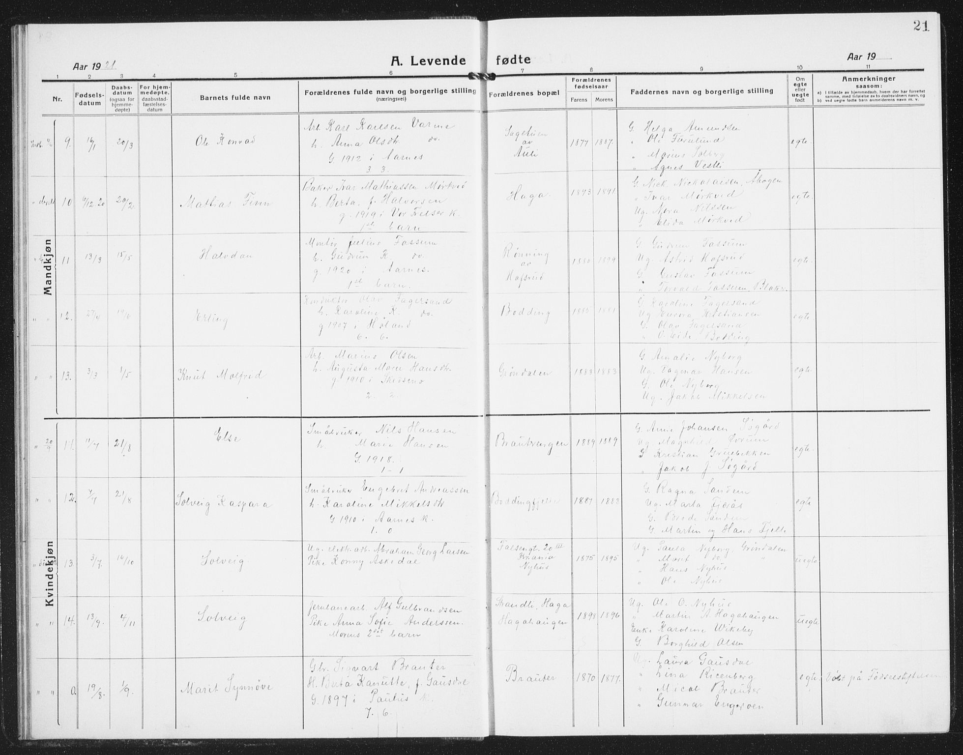 Nes prestekontor Kirkebøker, AV/SAO-A-10410/G/Gb/L0002: Parish register (copy) no. II 2, 1918-1942, p. 21