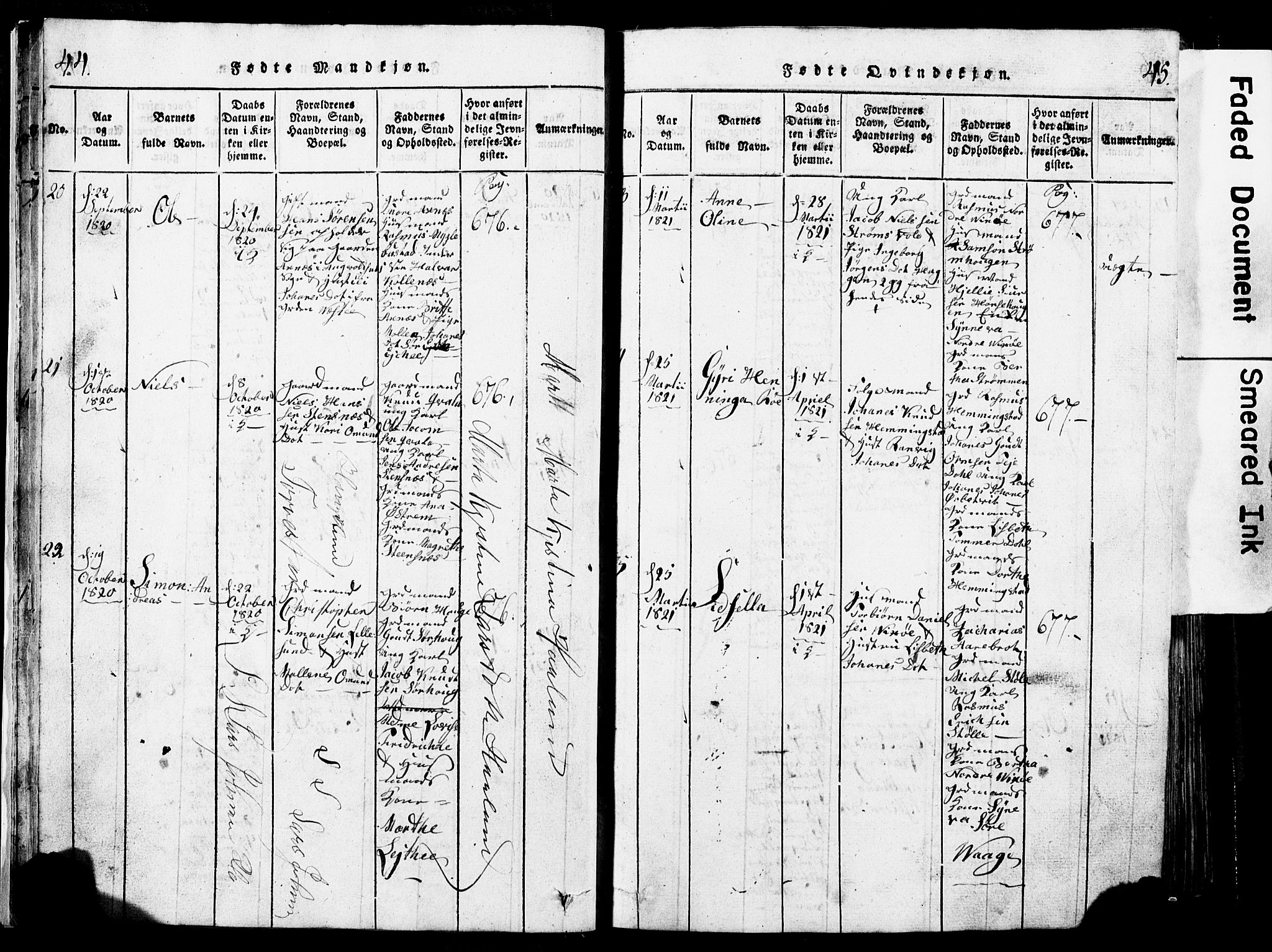 Torvastad sokneprestkontor, AV/SAST-A -101857/H/Ha/Hab/L0002: Parish register (copy) no. B 2, 1817-1834, p. 44-45