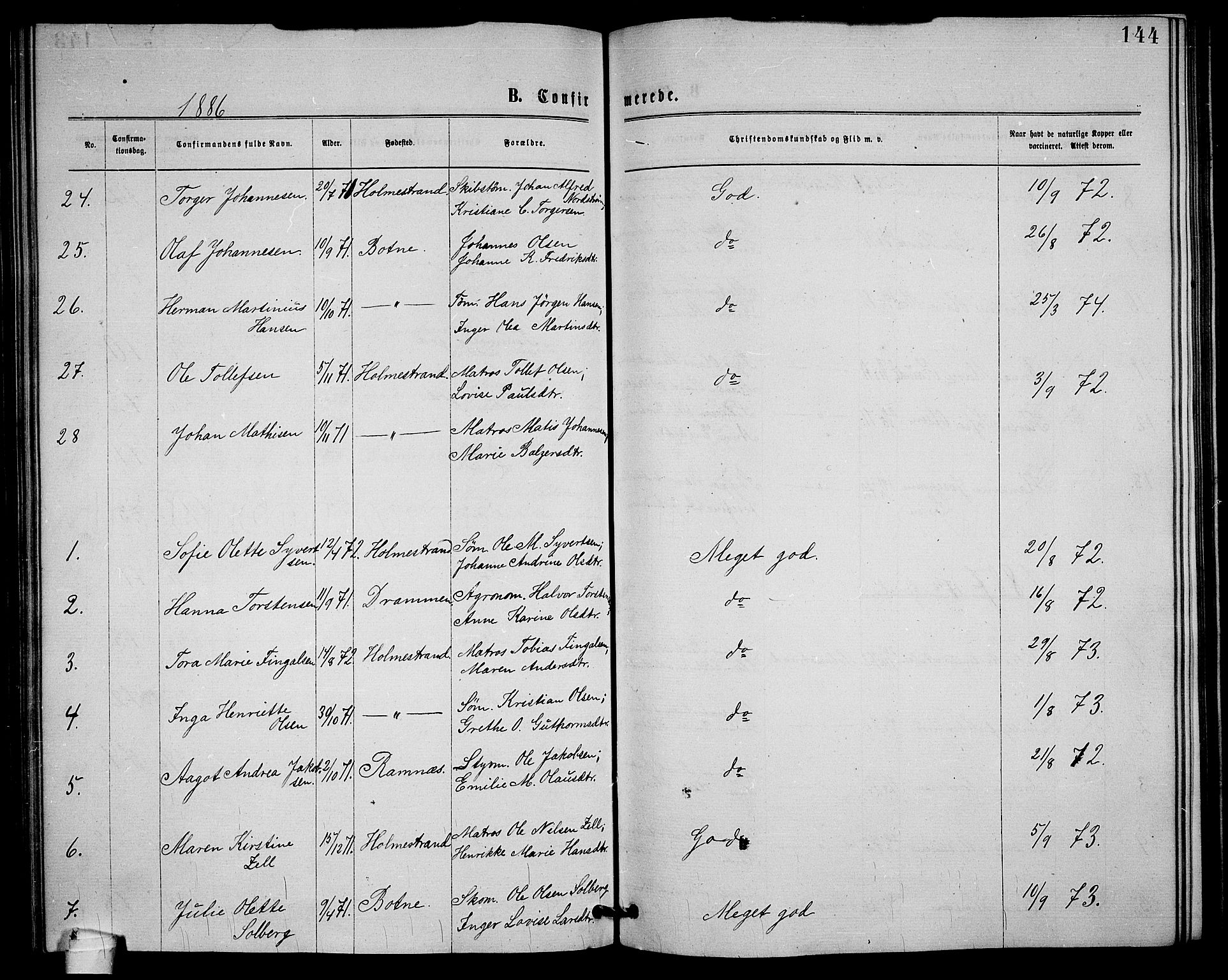Holmestrand kirkebøker, AV/SAKO-A-346/G/Ga/L0004: Parish register (copy) no. 4, 1874-1888, p. 144