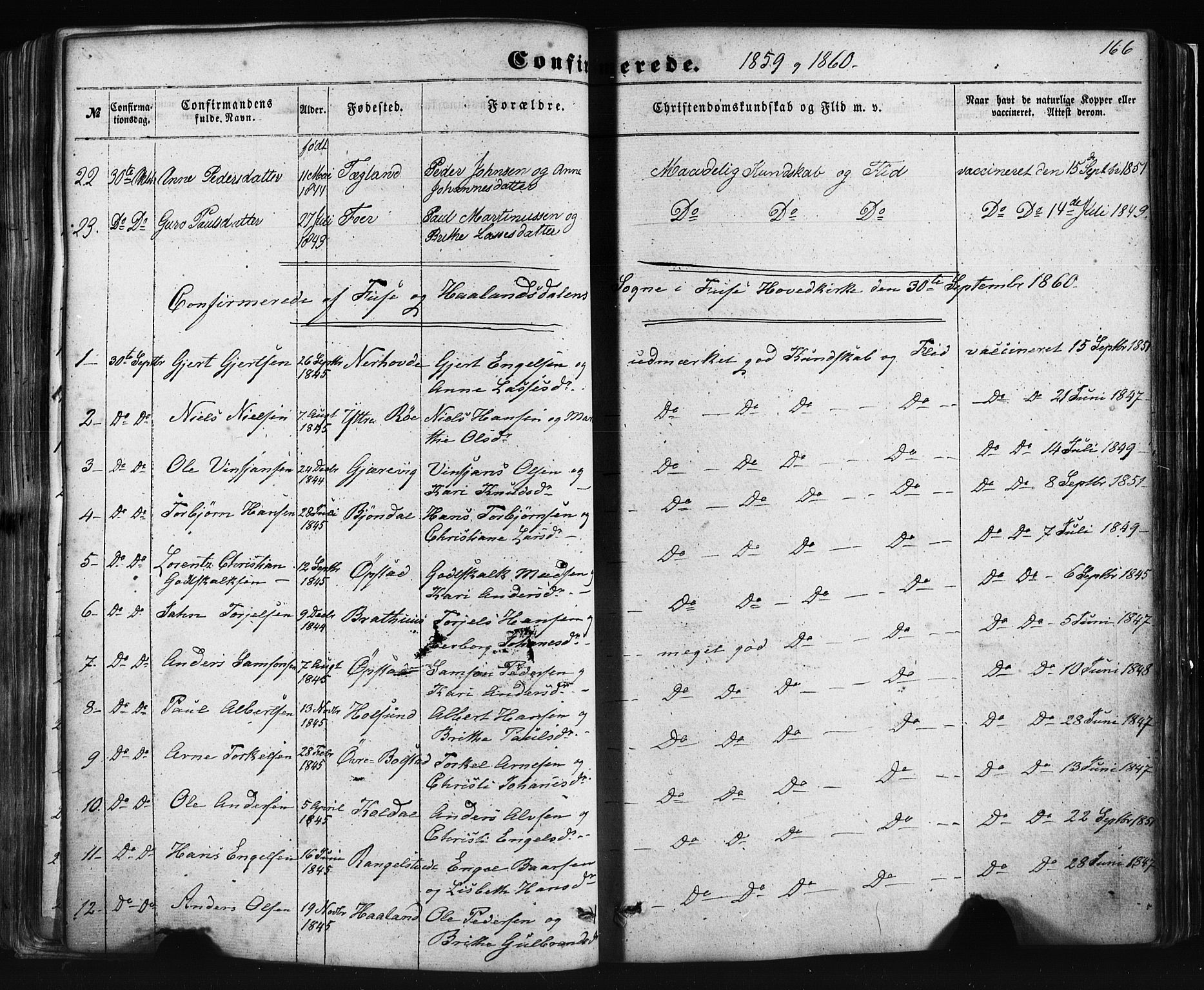 Fusa sokneprestembete, AV/SAB-A-75401/H/Haa: Parish register (official) no. A 1I, 1855-1879, p. 166