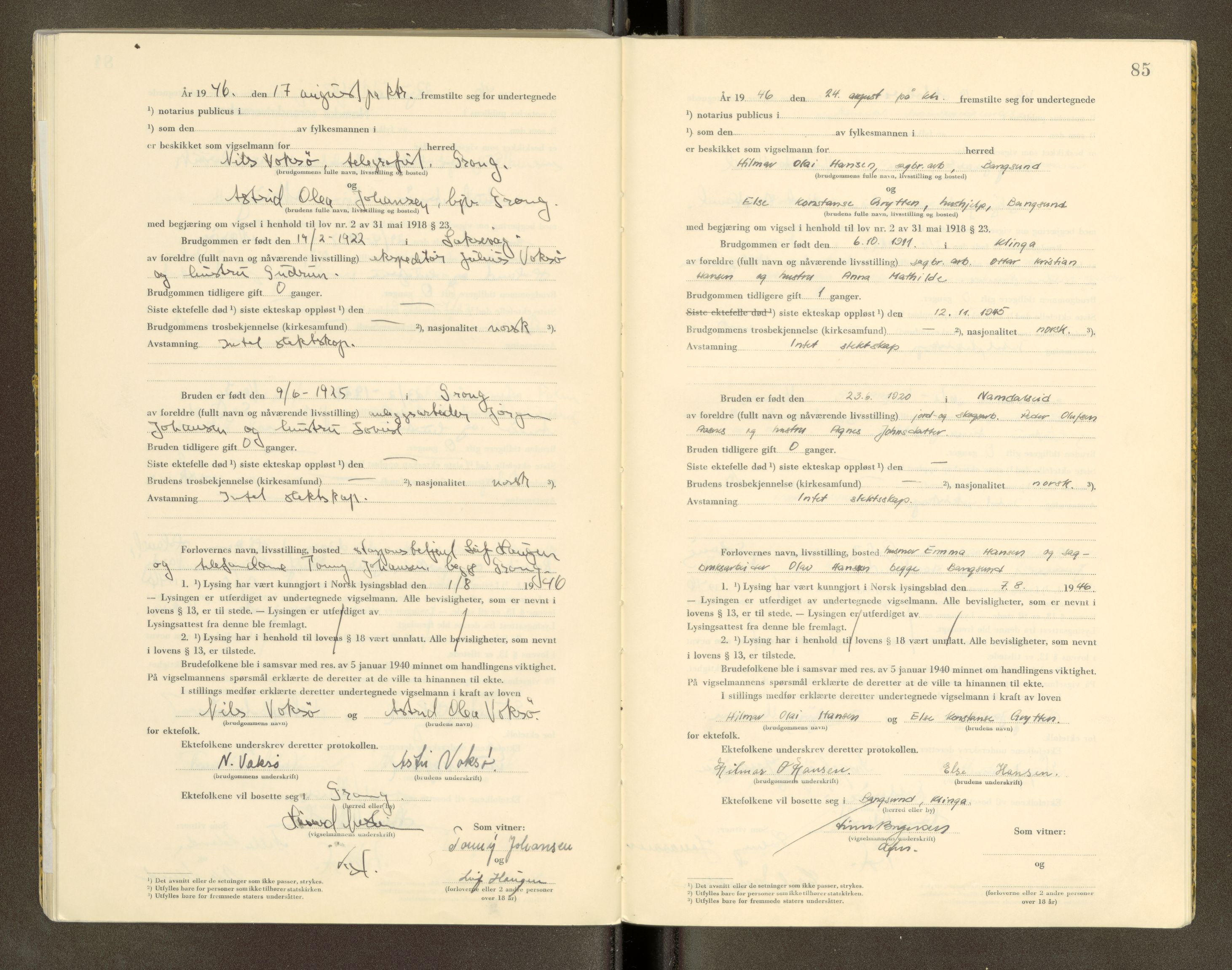 Namdal sorenskriveri, SAT/A-4133/1/6/6D/L0001: Vigselbøker, 1940-1948, p. 85