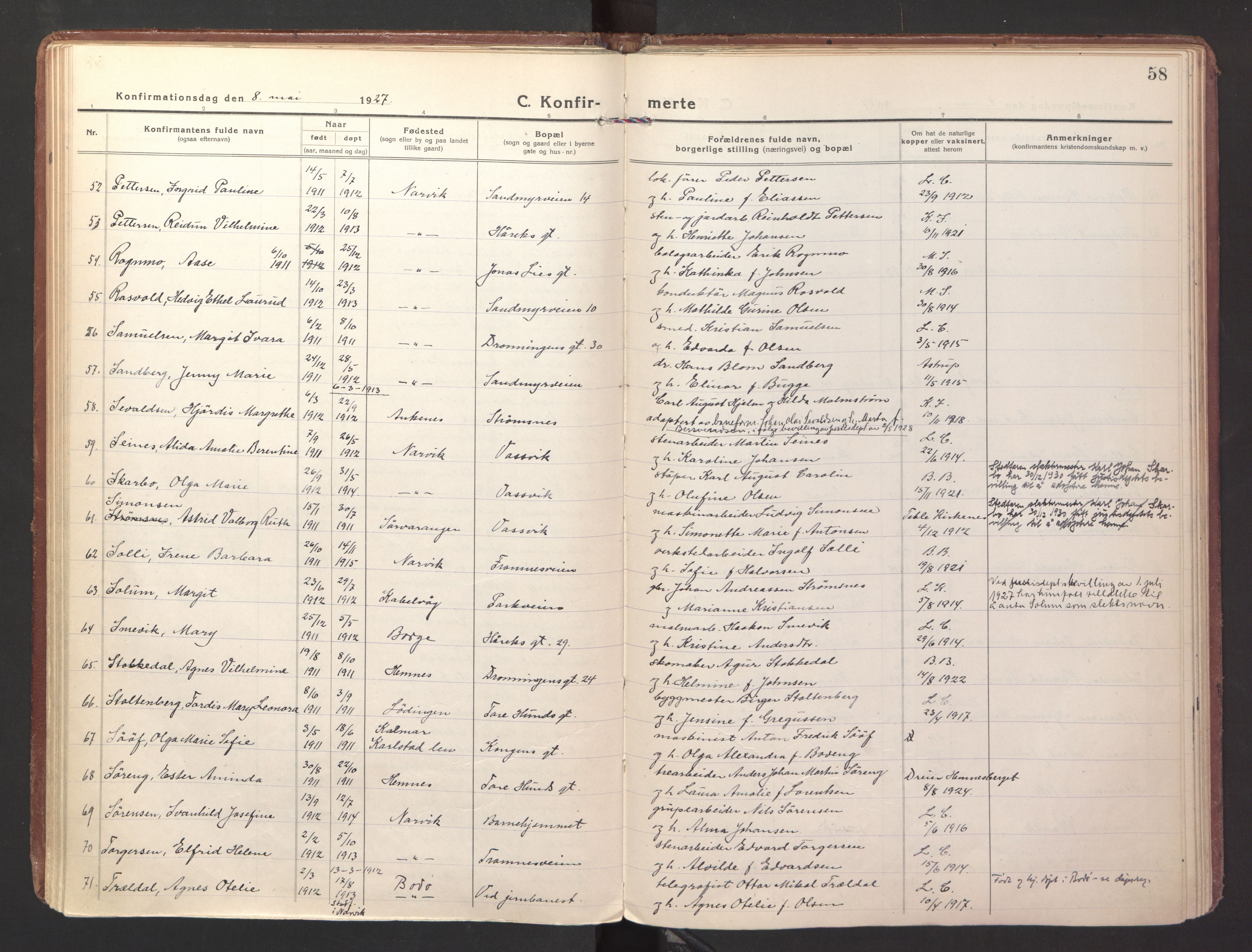 Ministerialprotokoller, klokkerbøker og fødselsregistre - Nordland, AV/SAT-A-1459/871/L1004: Parish register (official) no. 871A20, 1921-1932, p. 58