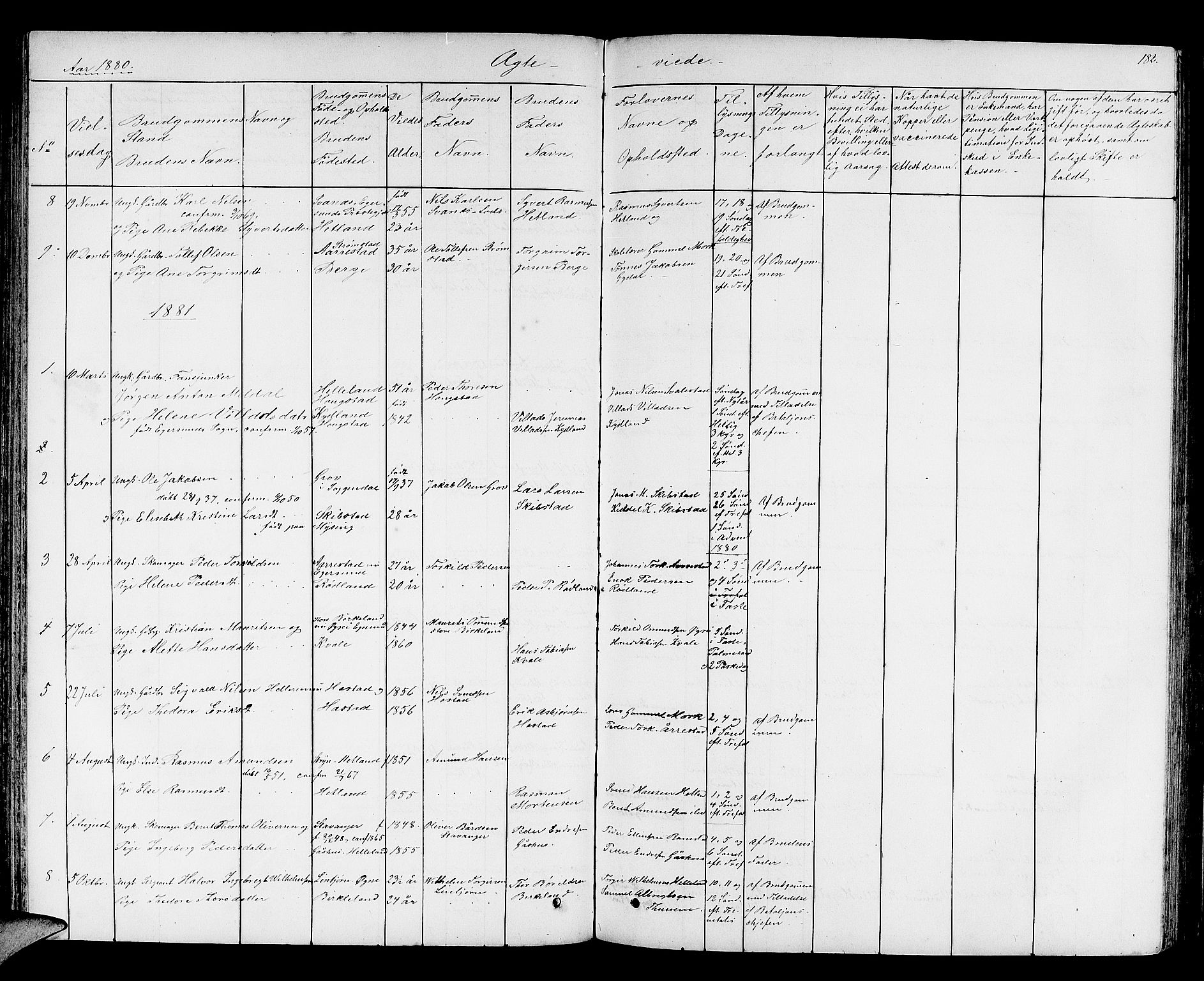 Helleland sokneprestkontor, AV/SAST-A-101810: Parish register (copy) no. B 2, 1848-1886, p. 182