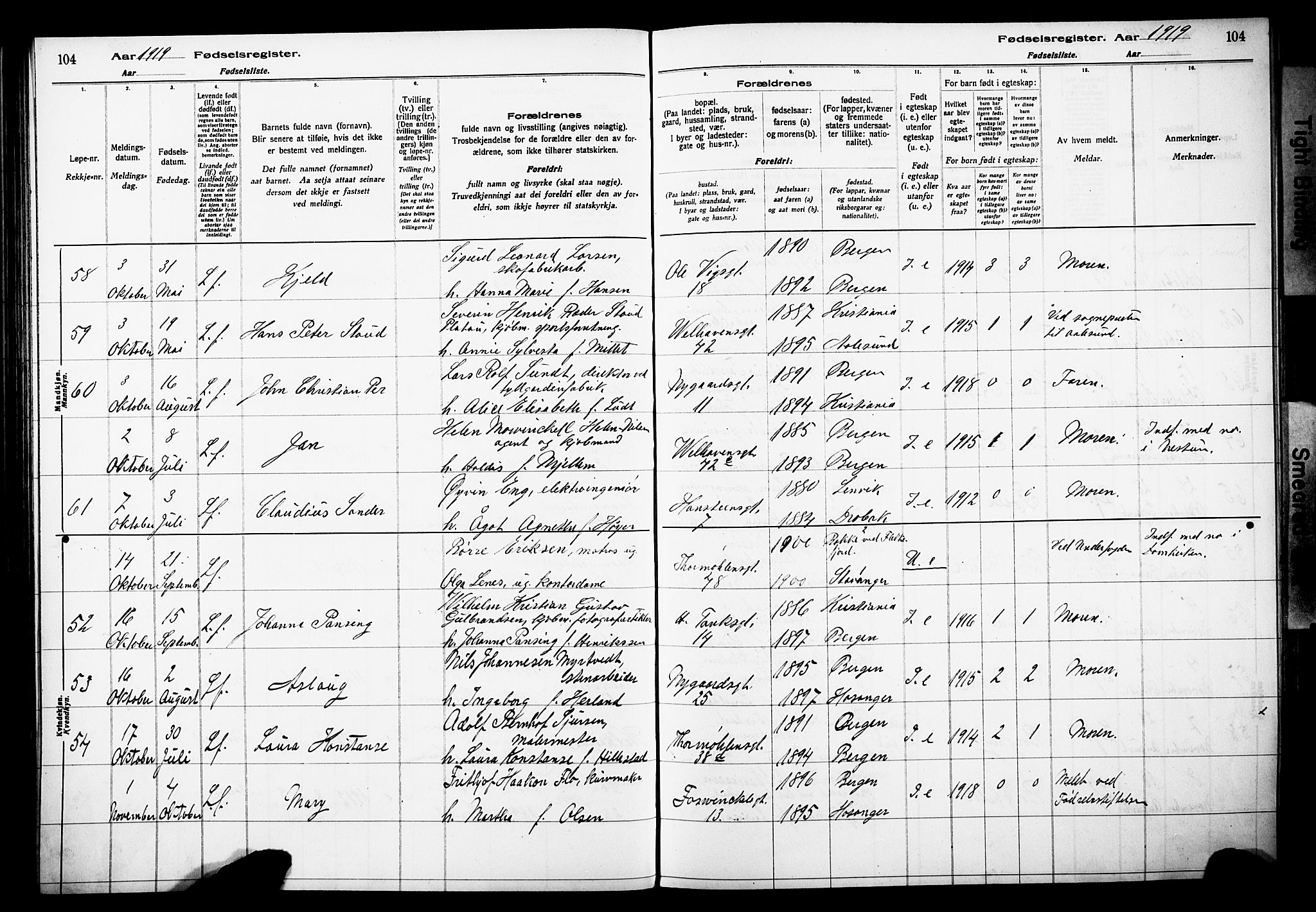 Johanneskirken sokneprestembete, AV/SAB-A-76001/I/Id/L00A1: Birth register no. A 1, 1916-1924, p. 104