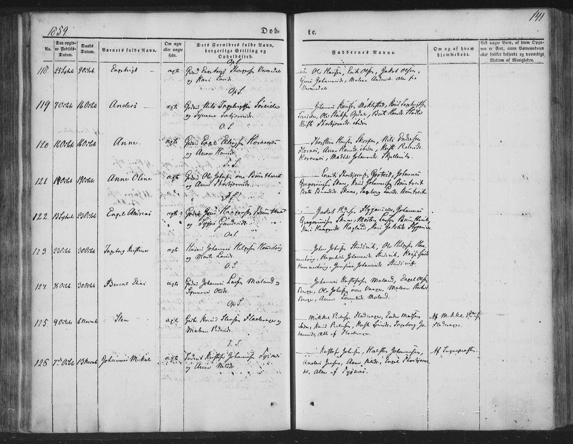 Tysnes sokneprestembete, AV/SAB-A-78601/H/Haa: Parish register (official) no. A 10, 1848-1859, p. 141