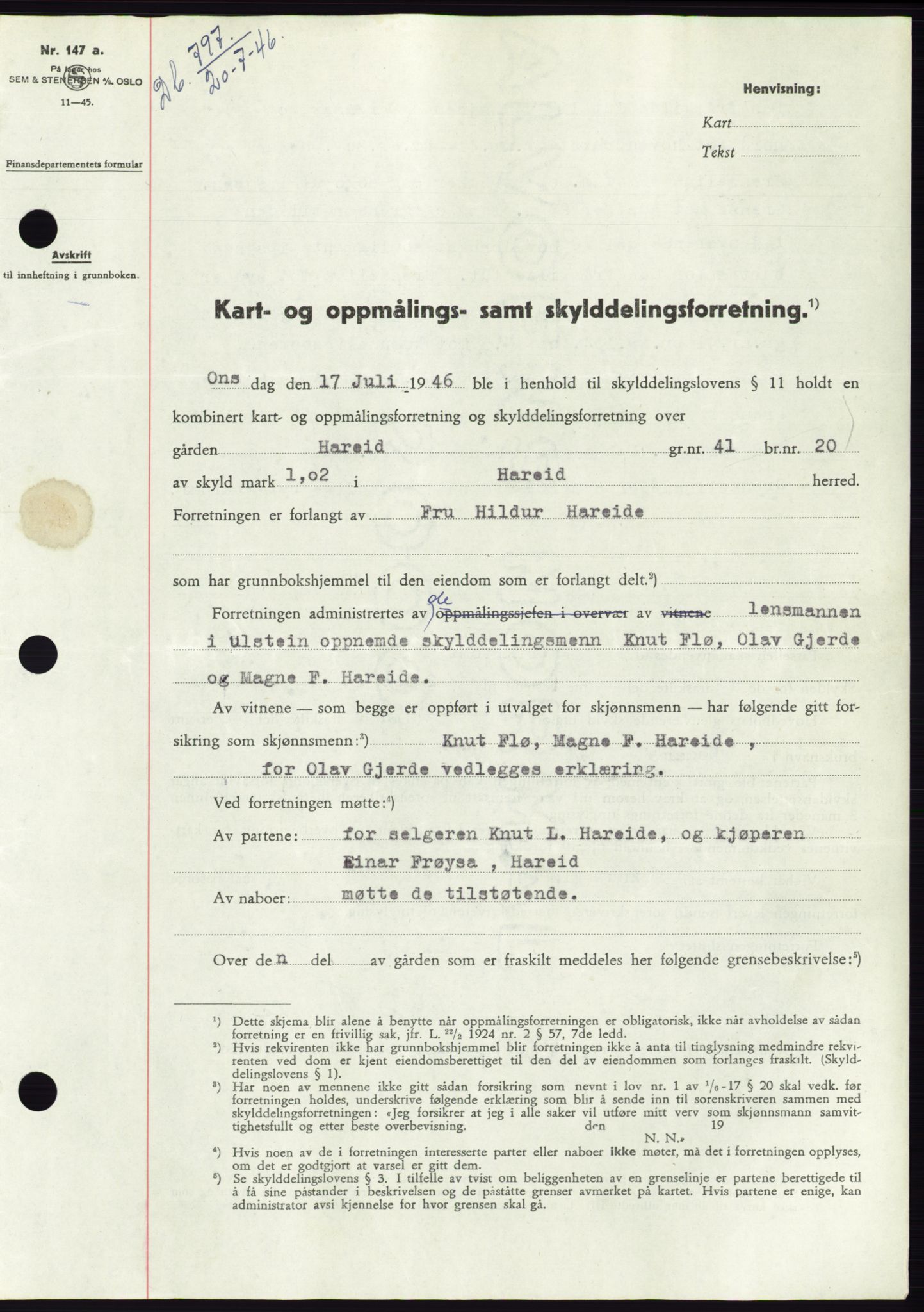 Søre Sunnmøre sorenskriveri, AV/SAT-A-4122/1/2/2C/L0078: Mortgage book no. 4A, 1946-1946, Diary no: : 797/1946