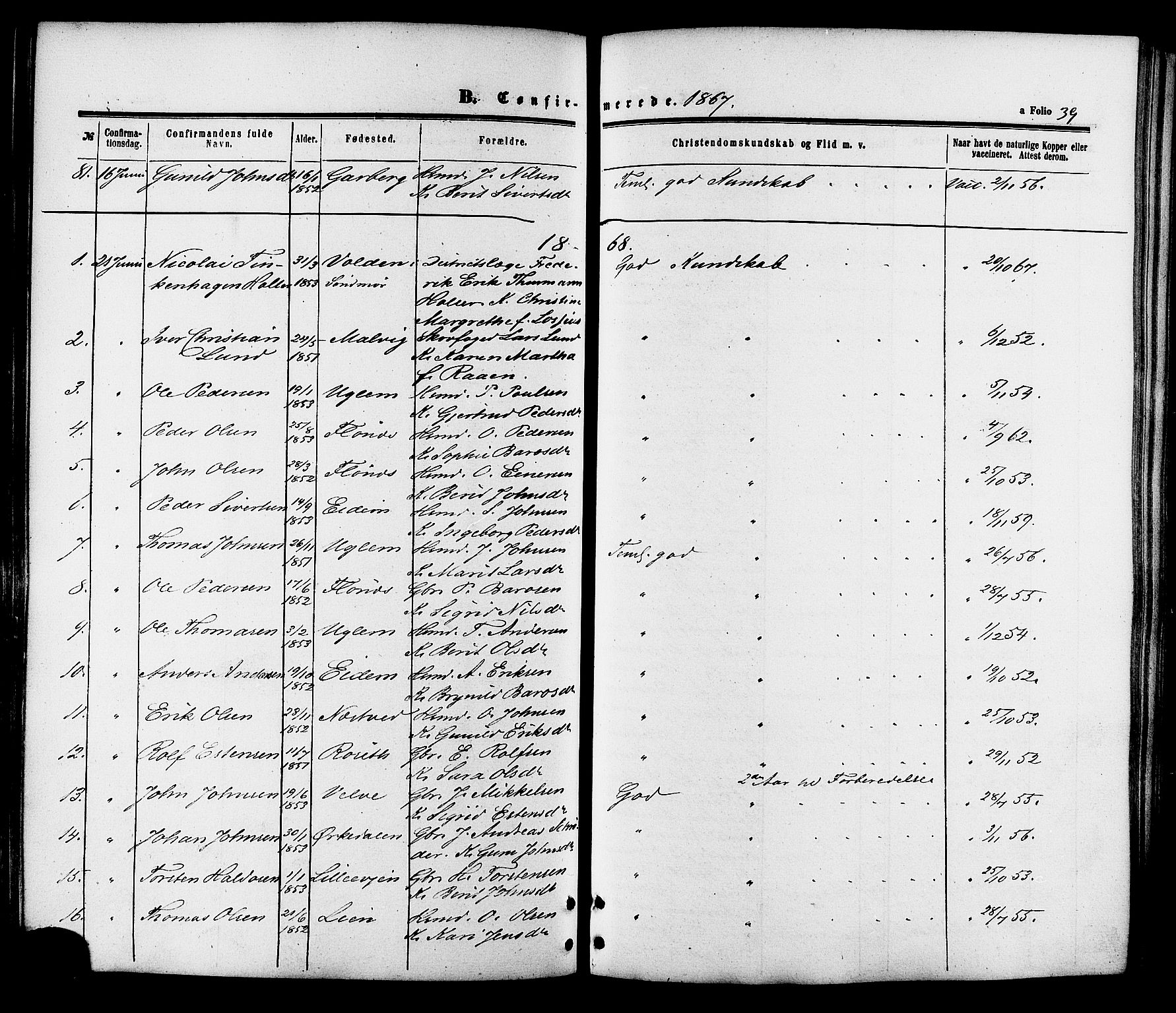Ministerialprotokoller, klokkerbøker og fødselsregistre - Sør-Trøndelag, SAT/A-1456/695/L1147: Parish register (official) no. 695A07, 1860-1877, p. 39