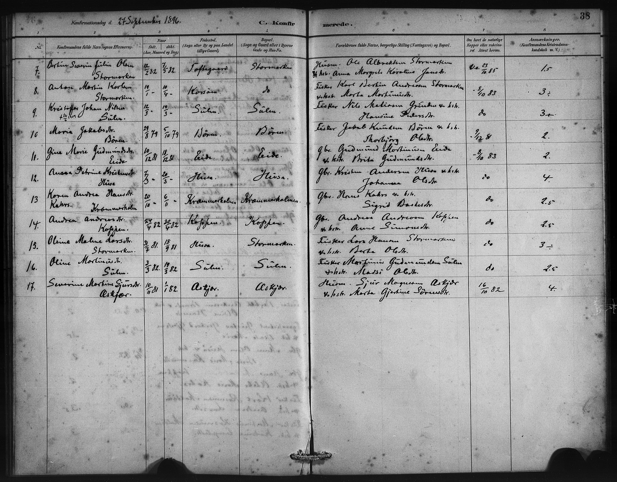 Lindås Sokneprestembete, SAB/A-76701/H/Haa: Parish register (official) no. D 1, 1886-1896, p. 38