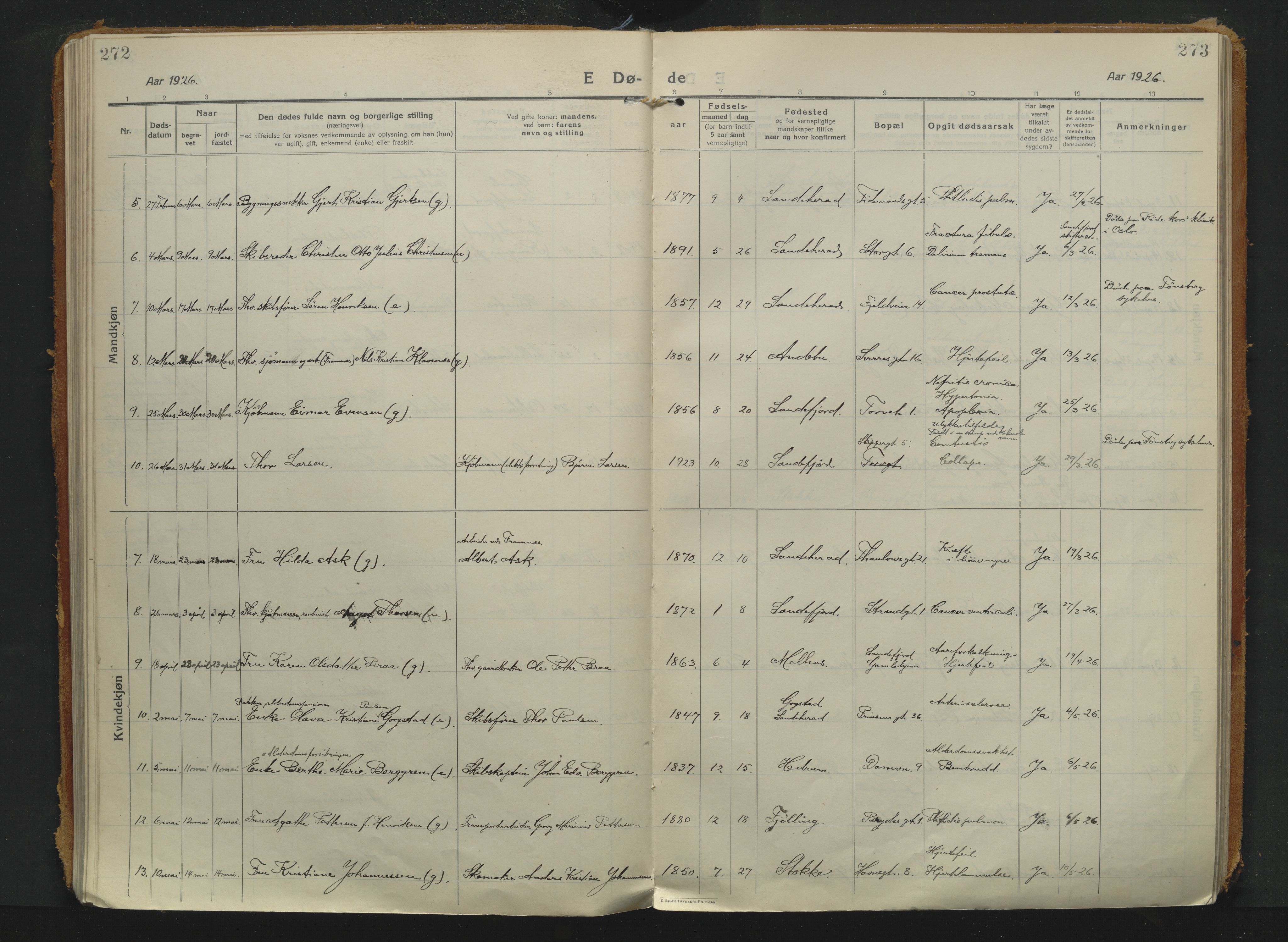 Sandefjord kirkebøker, SAKO/A-315/F/Fa/L0008: Parish register (official) no. 8, 1916-1926, p. 272-273