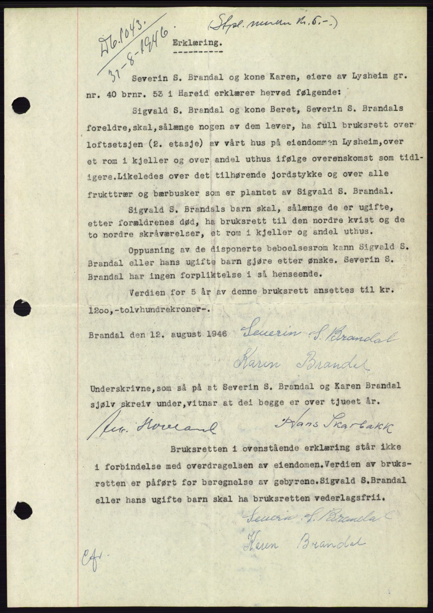 Søre Sunnmøre sorenskriveri, AV/SAT-A-4122/1/2/2C/L0114: Mortgage book no. 1-2B, 1943-1947, Diary no: : 1043/1946