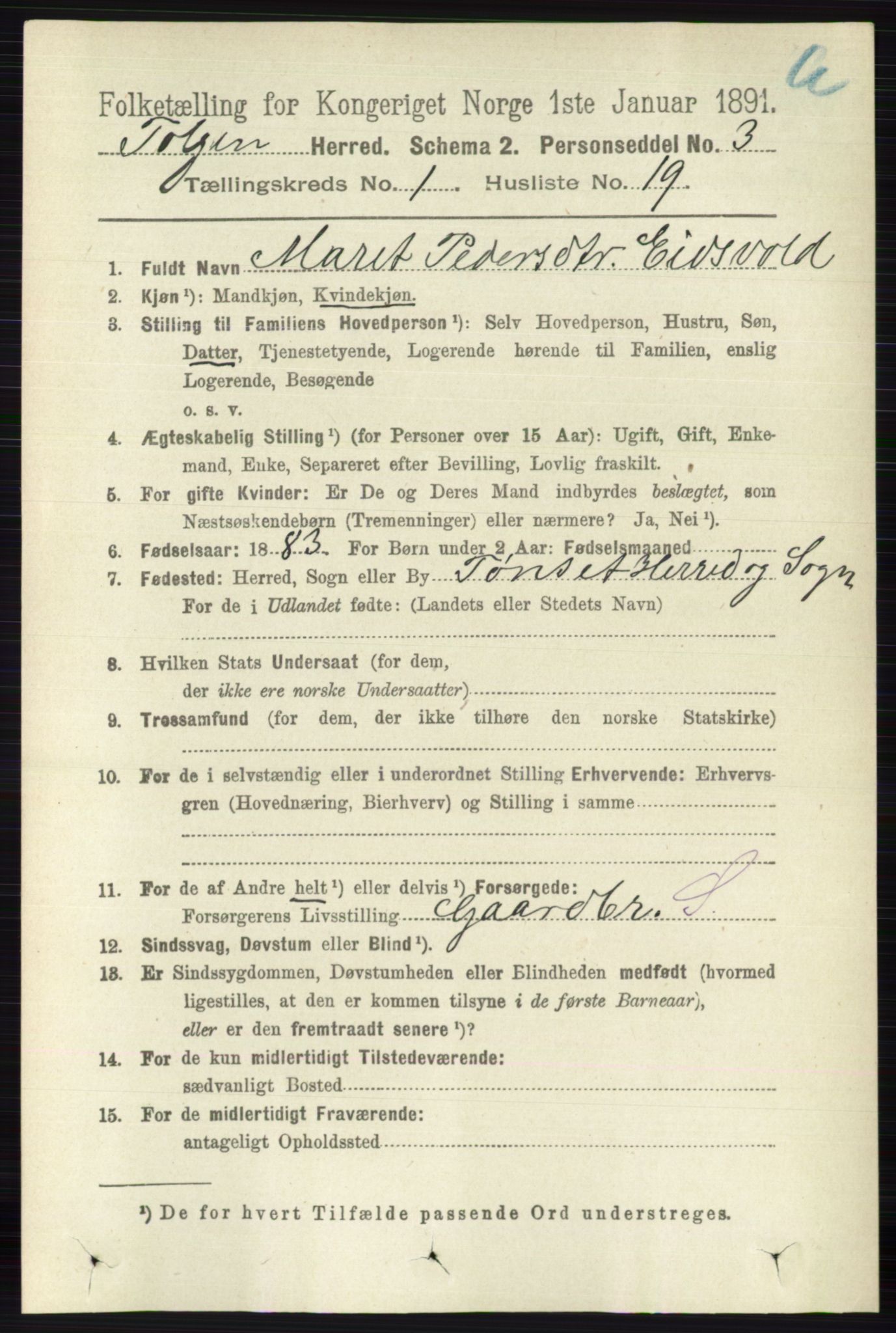 RA, 1891 census for 0436 Tolga, 1891, p. 210