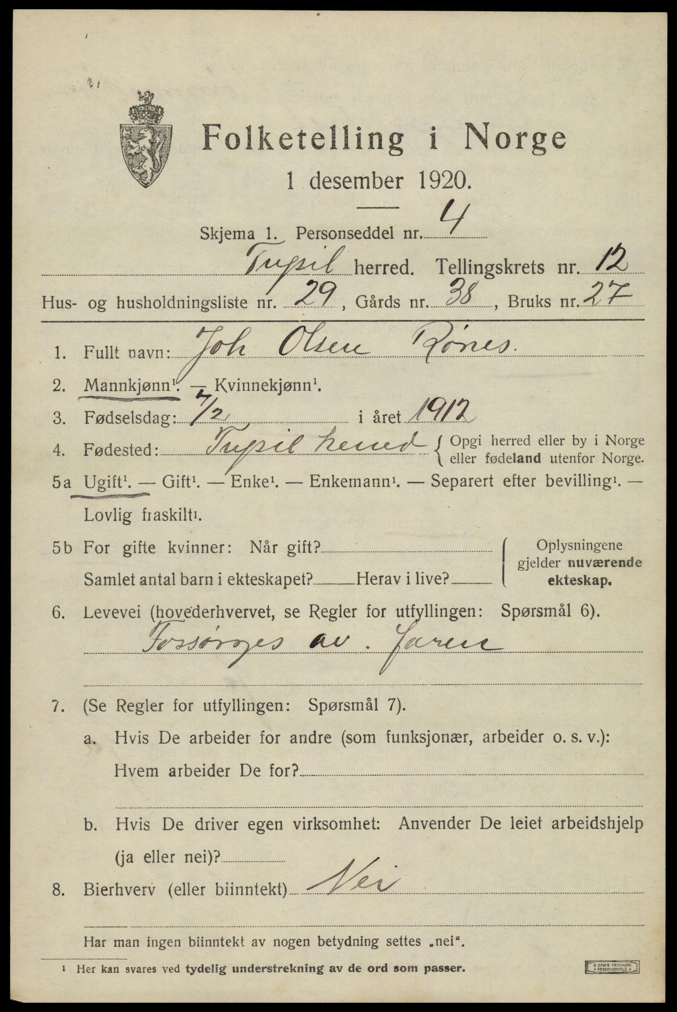 SAH, 1920 census for Trysil, 1920, p. 7523