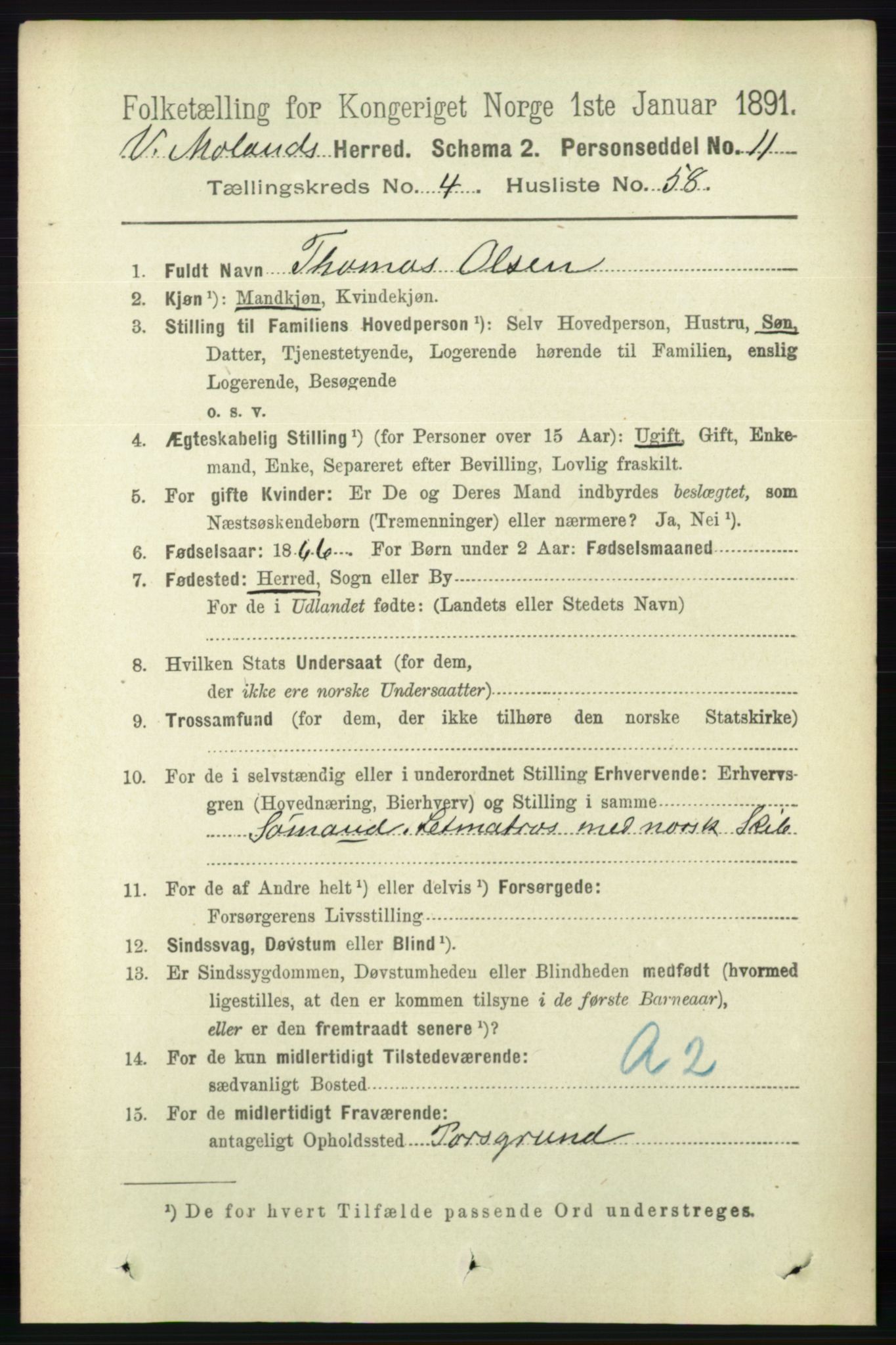 RA, 1891 census for 0926 Vestre Moland, 1891, p. 1642