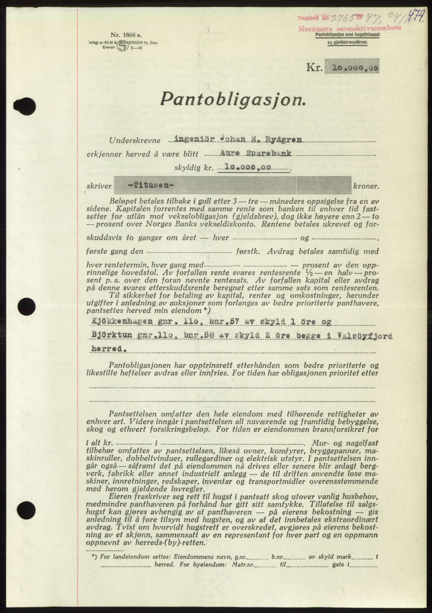 Nordmøre sorenskriveri, AV/SAT-A-4132/1/2/2Ca: Mortgage book no. B97, 1947-1948, Diary no: : 2765/1947