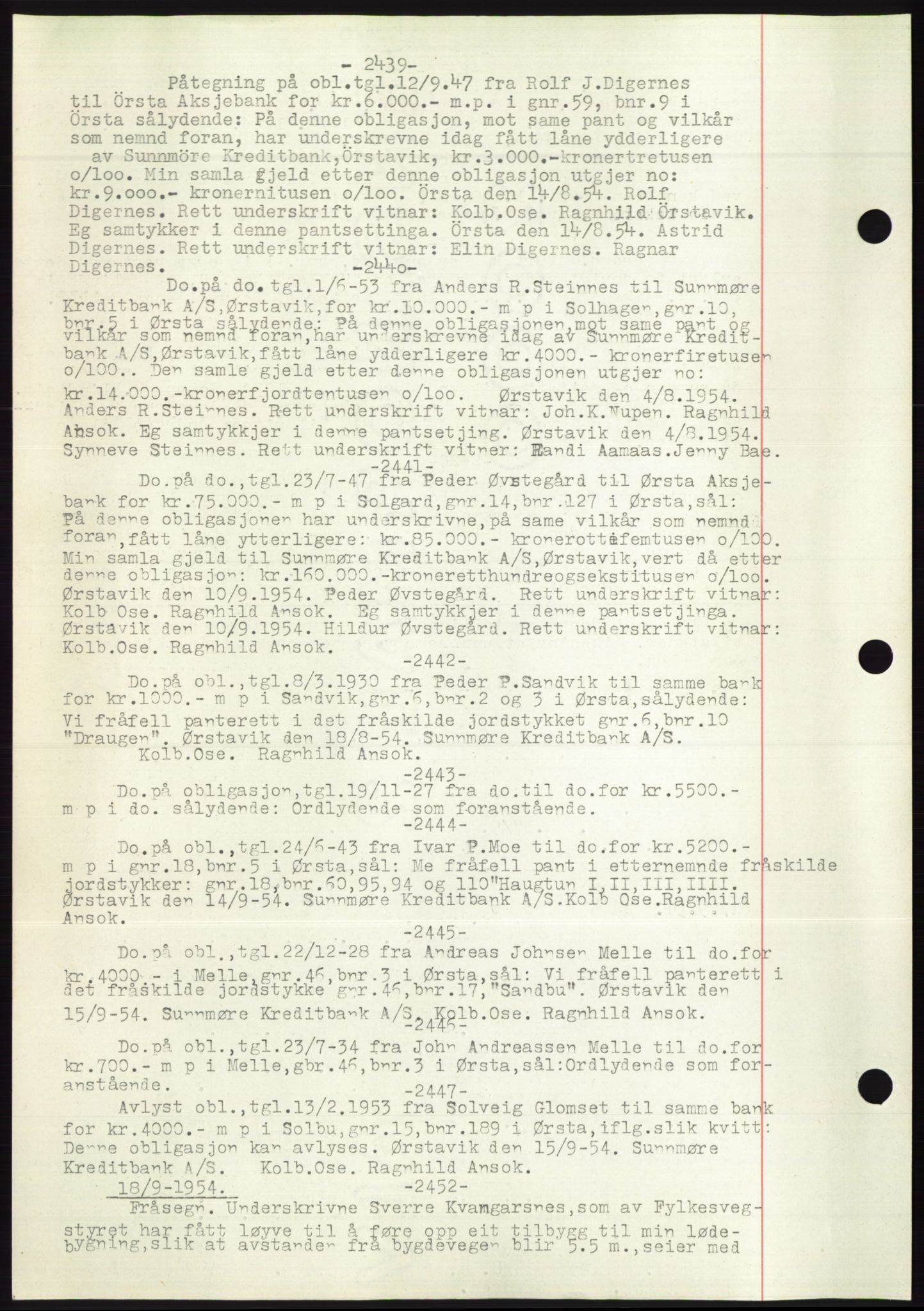 Søre Sunnmøre sorenskriveri, AV/SAT-A-4122/1/2/2C/L0072: Mortgage book no. 66, 1941-1955, Diary no: : 2439/1954