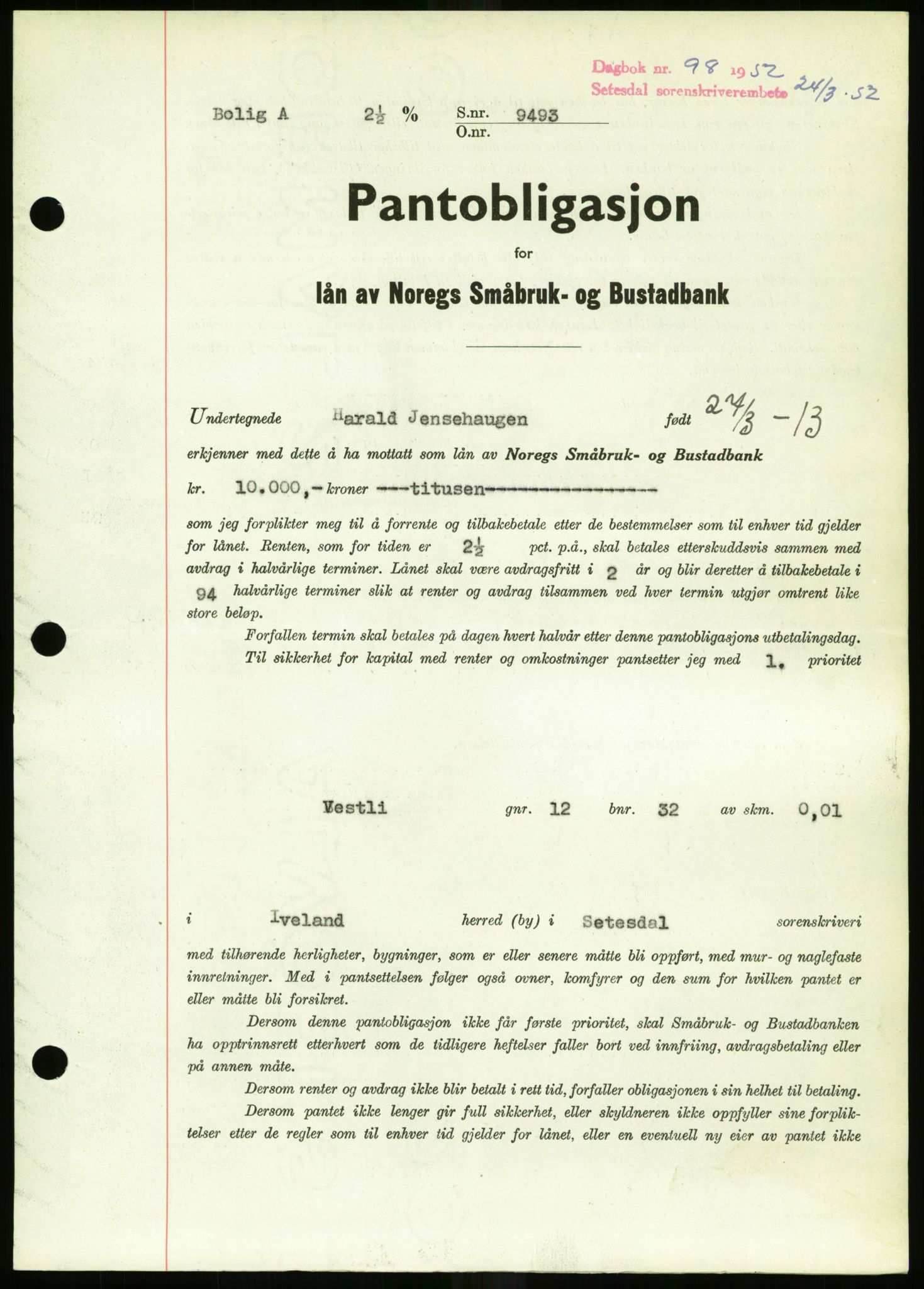 Setesdal sorenskriveri, SAK/1221-0011/G/Gb/L0050: Mortgage book no. B 38, 1949-1952, Diary no: : 98/1952