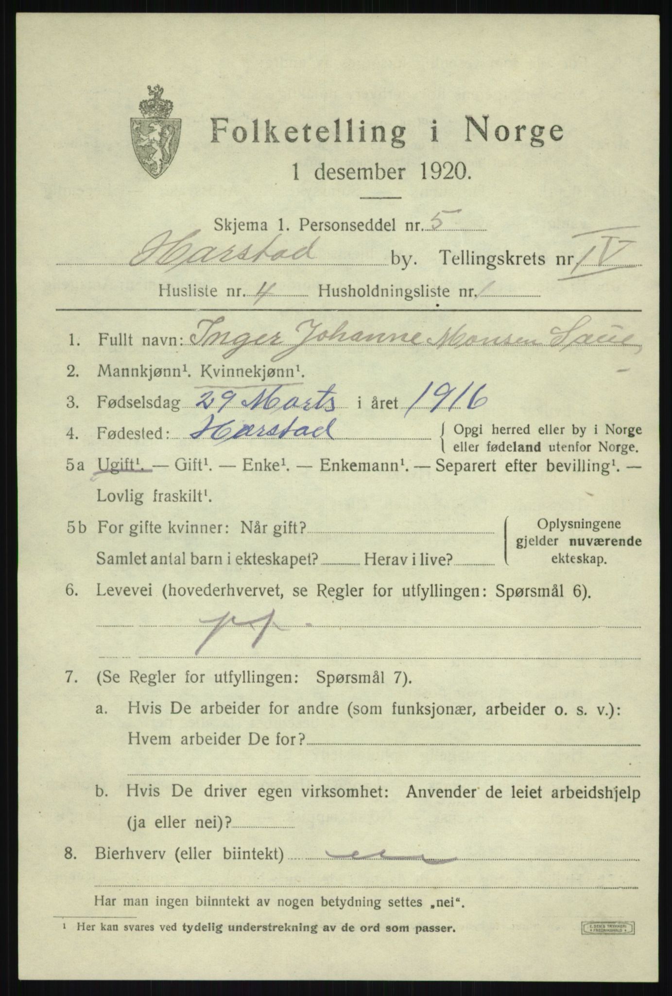 SATØ, 1920 census for Harstad, 1920, p. 5206