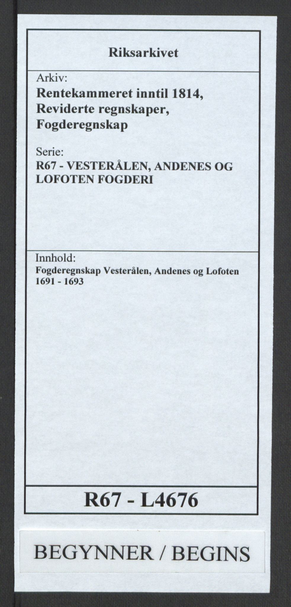Rentekammeret inntil 1814, Reviderte regnskaper, Fogderegnskap, RA/EA-4092/R67/L4676: Fogderegnskap Vesterålen, Andenes og Lofoten, 1691-1693, p. 1