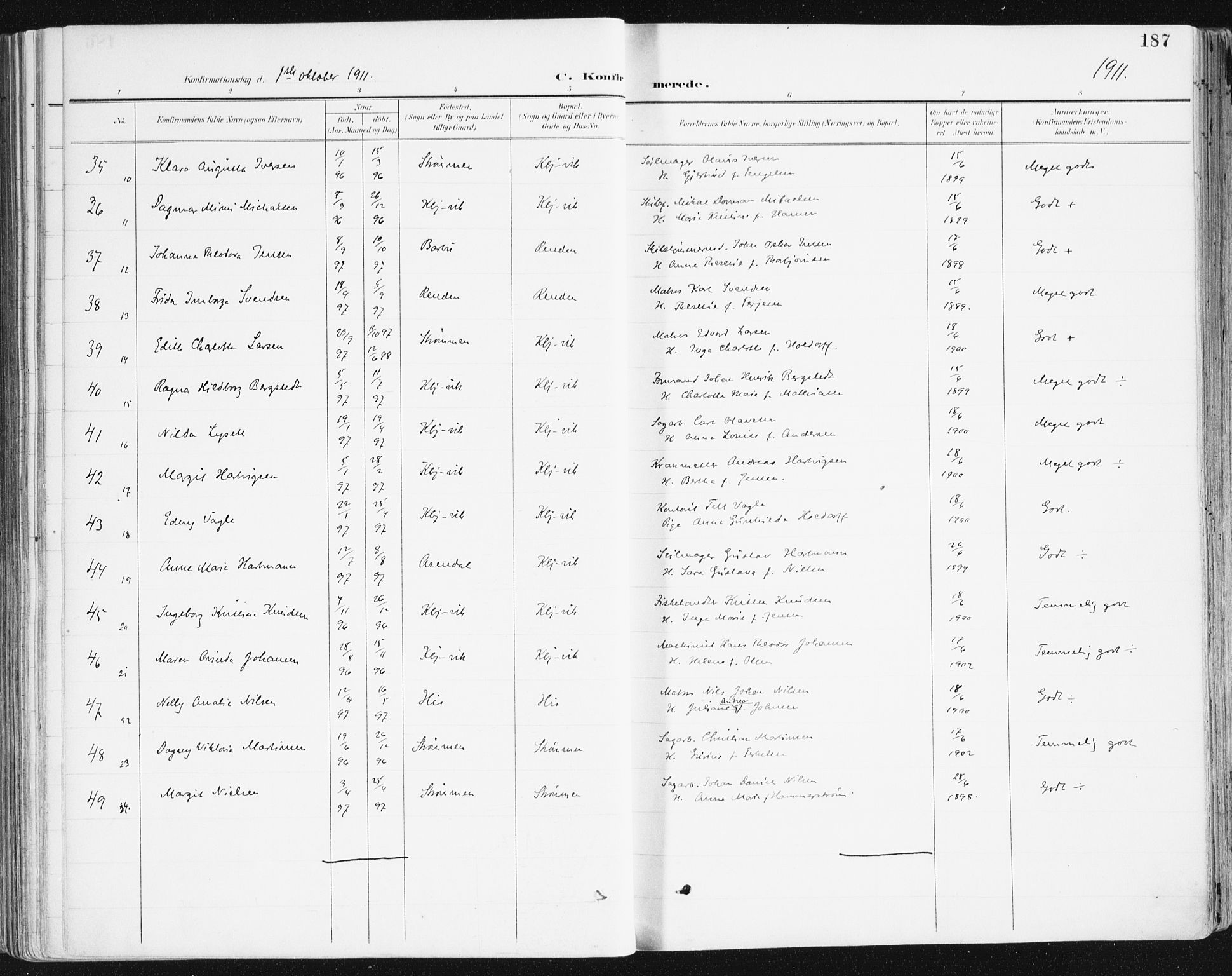Hisøy sokneprestkontor, SAK/1111-0020/F/Fa/L0004: Parish register (official) no. A 4, 1895-1917, p. 187