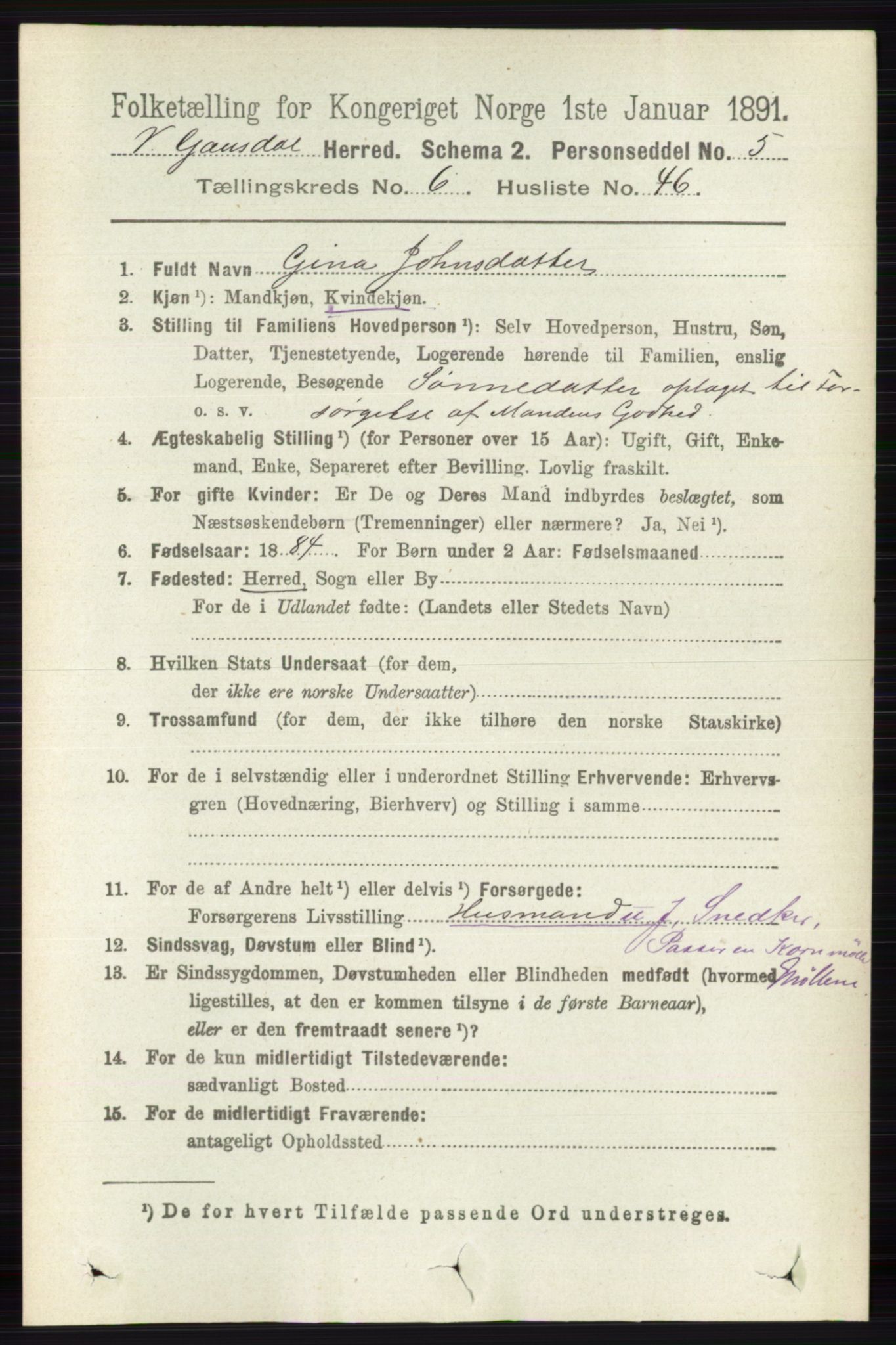 RA, 1891 census for 0523 Vestre Gausdal, 1891, p. 2810