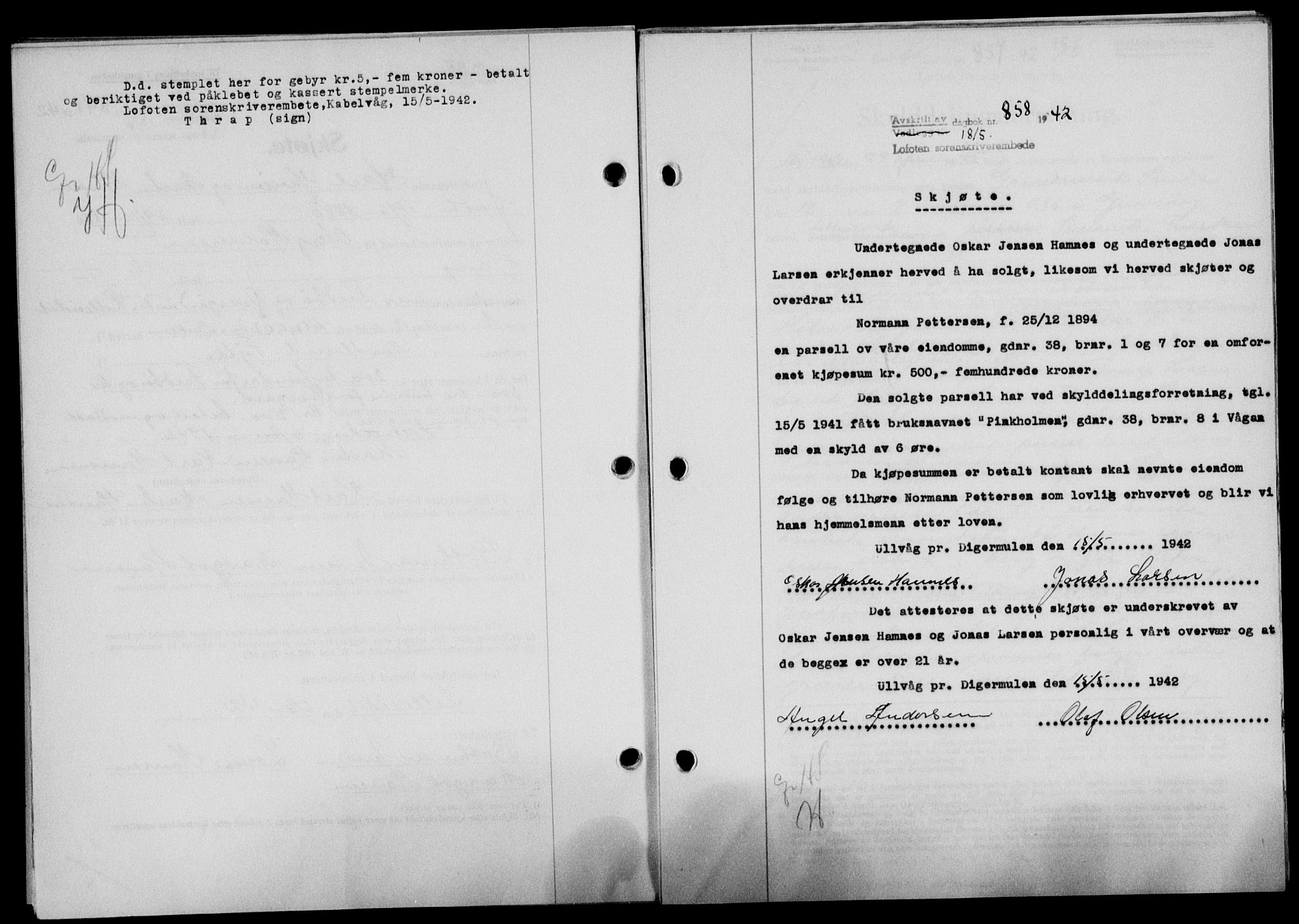 Lofoten sorenskriveri, SAT/A-0017/1/2/2C/L0009a: Mortgage book no. 9a, 1941-1942, Diary no: : 858/1942