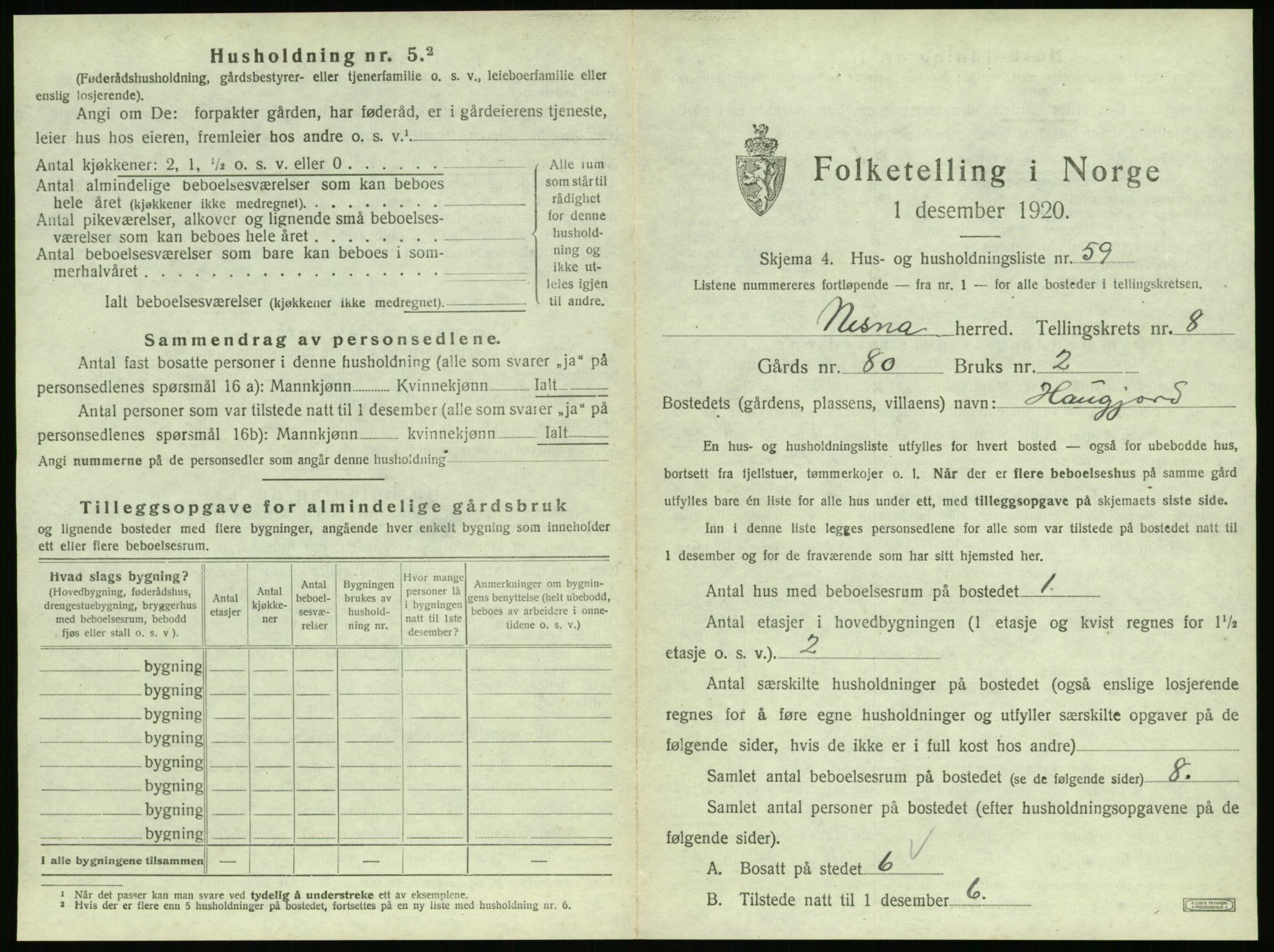 SAT, 1920 census for Nesna, 1920, p. 1047