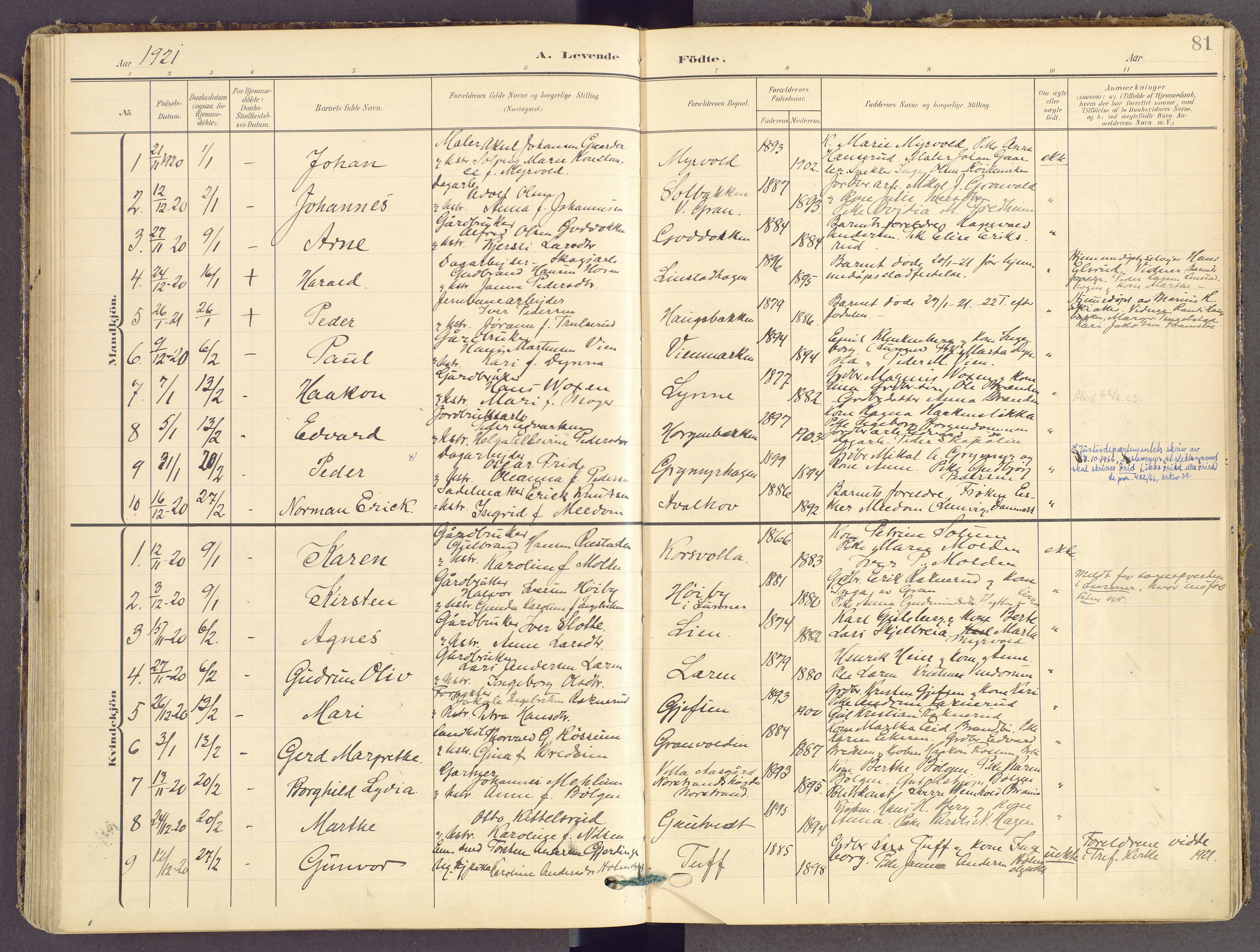 Gran prestekontor, SAH/PREST-112/H/Ha/Haa/L0021: Parish register (official) no. 21, 1908-1932, p. 81