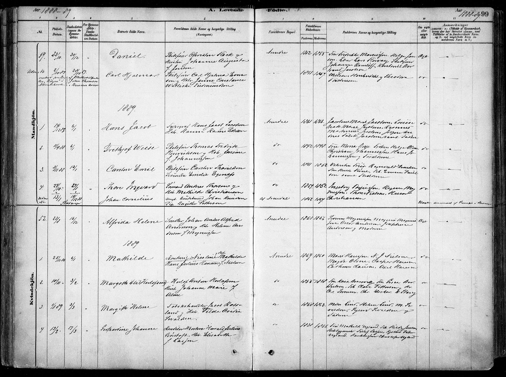 Arendal sokneprestkontor, Trefoldighet, SAK/1111-0040/F/Fa/L0008: Parish register (official) no. A 8, 1878-1899, p. 99