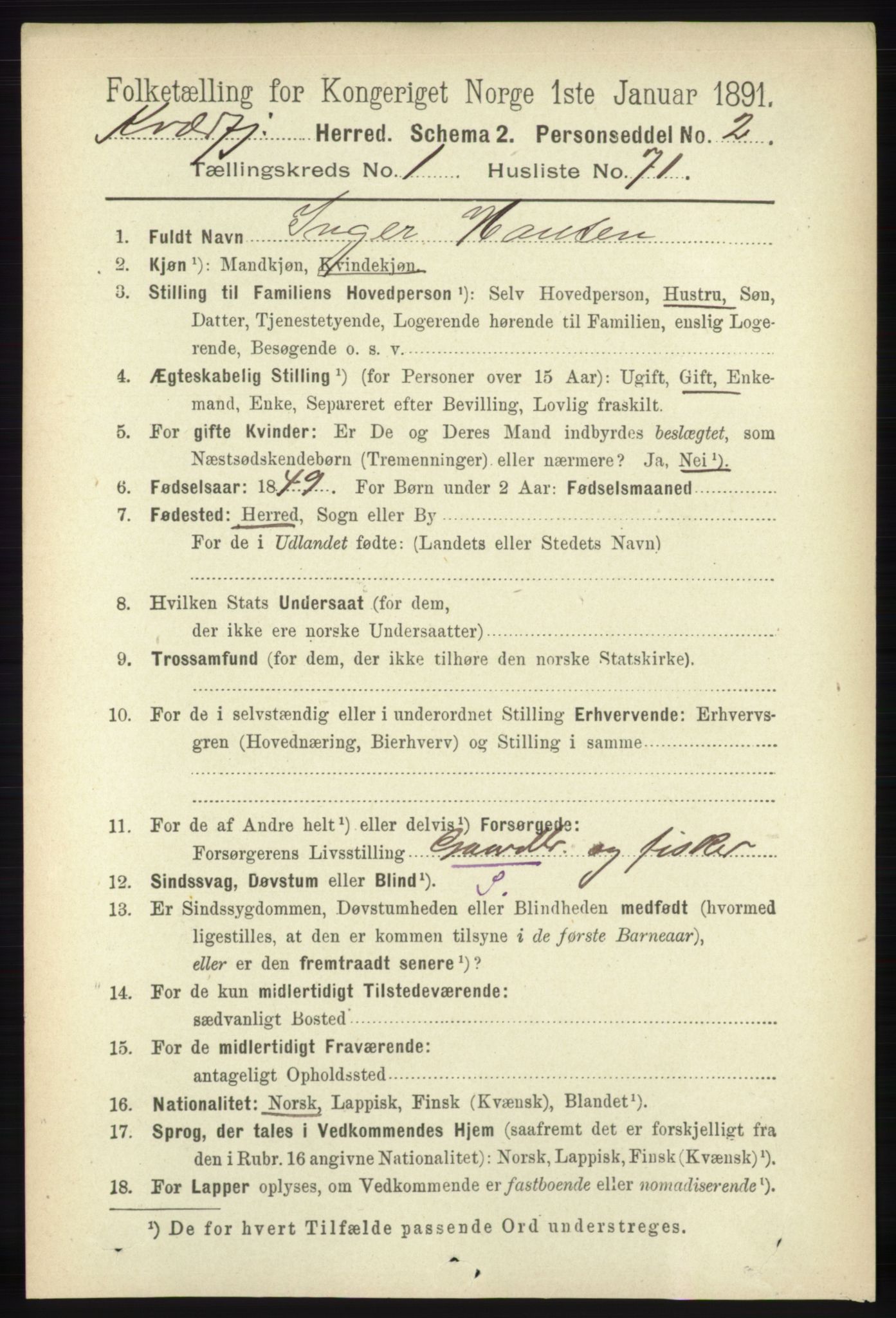 RA, 1891 census for 1911 Kvæfjord, 1891, p. 598