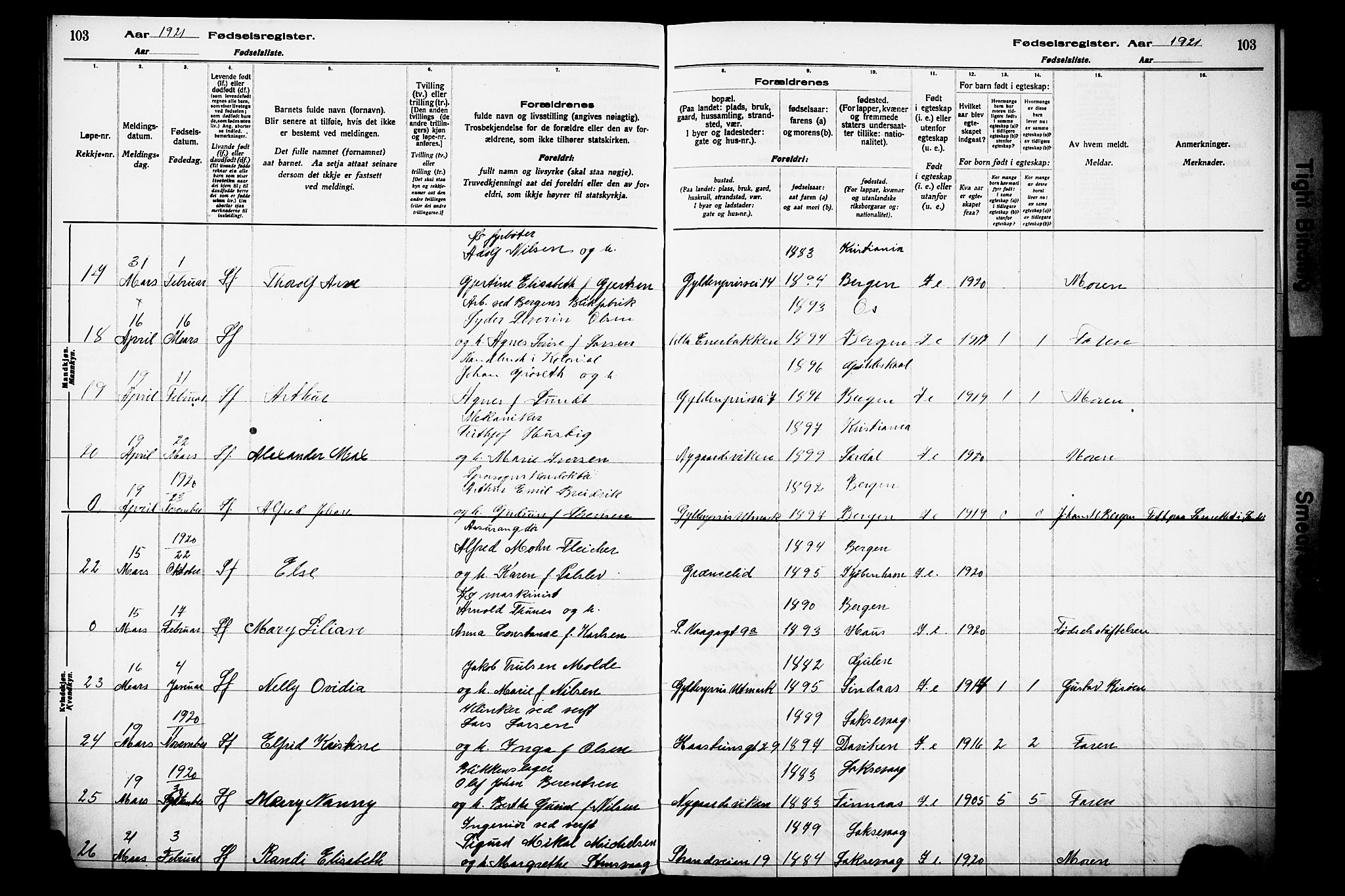 Laksevåg Sokneprestembete, AV/SAB-A-76501/I/Id/L00A1: Birth register no. A 1, 1916-1926, p. 103