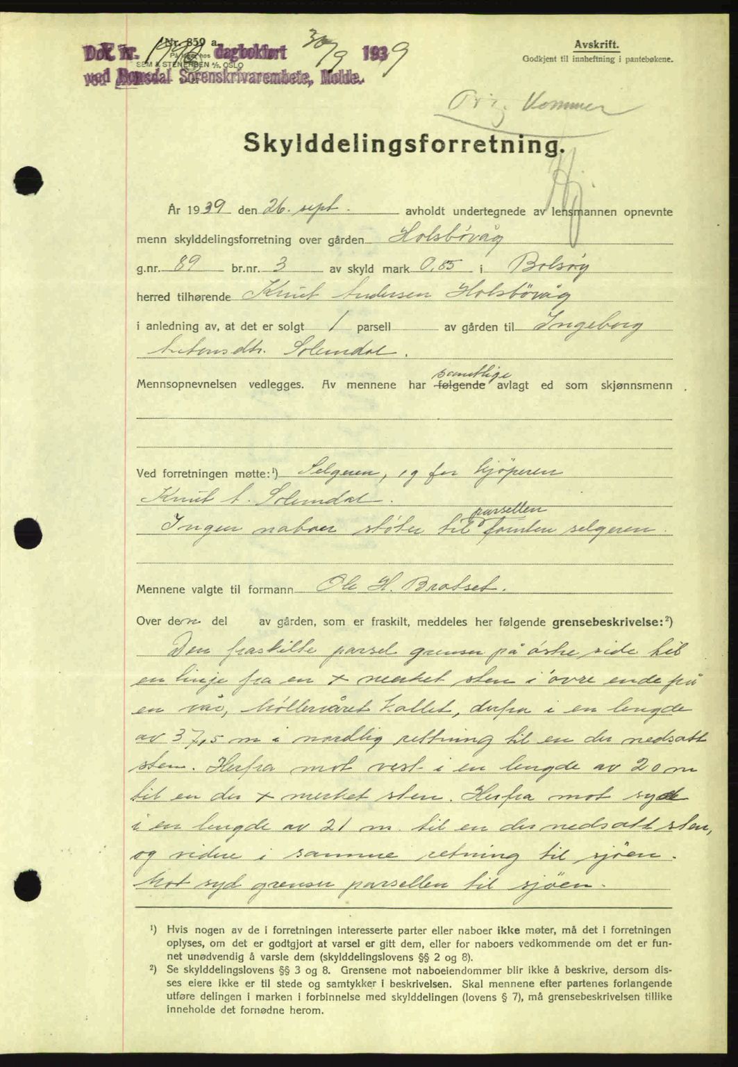 Romsdal sorenskriveri, AV/SAT-A-4149/1/2/2C: Mortgage book no. A7, 1939-1939, Diary no: : 1990/1939