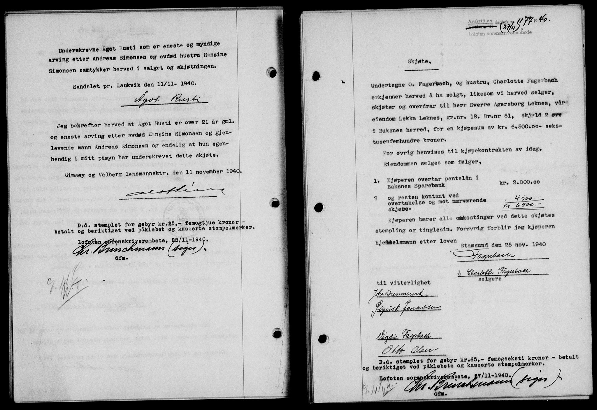 Lofoten sorenskriveri, SAT/A-0017/1/2/2C/L0008a: Mortgage book no. 8a, 1940-1941, Diary no: : 1177/1940