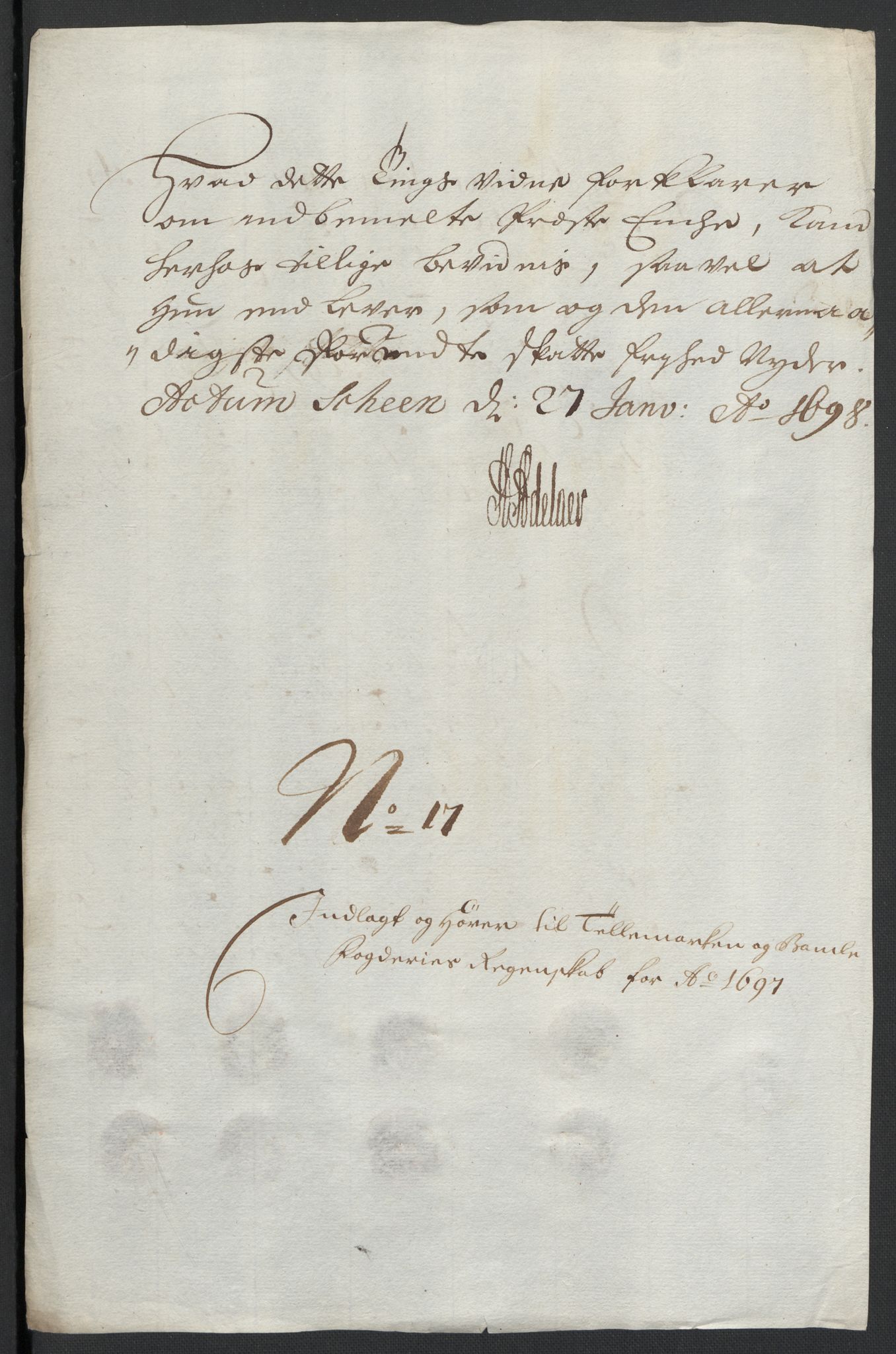 Rentekammeret inntil 1814, Reviderte regnskaper, Fogderegnskap, RA/EA-4092/R36/L2097: Fogderegnskap Øvre og Nedre Telemark og Bamble, 1697, p. 171