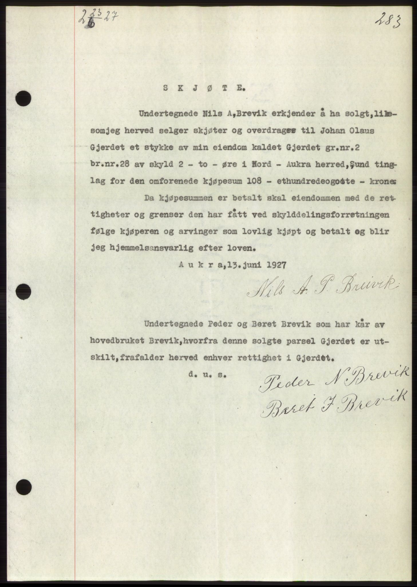 Romsdal sorenskriveri, AV/SAT-A-4149/1/2/2C/L0052: Mortgage book no. 46, 1927-1927, Deed date: 23.06.1927